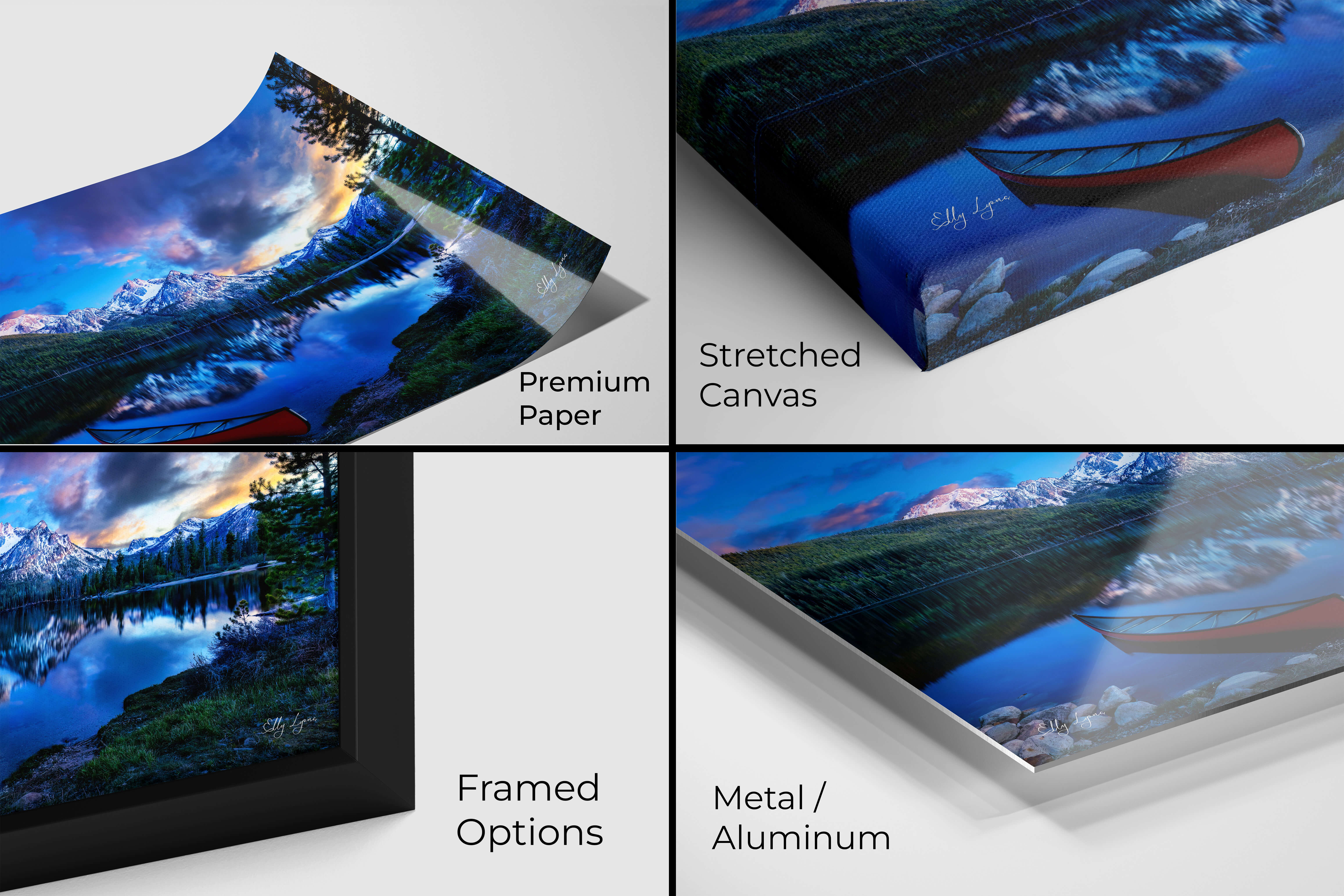 Alpine lake and mountain sunrise print displayed in canvas, metal, and framed formats.