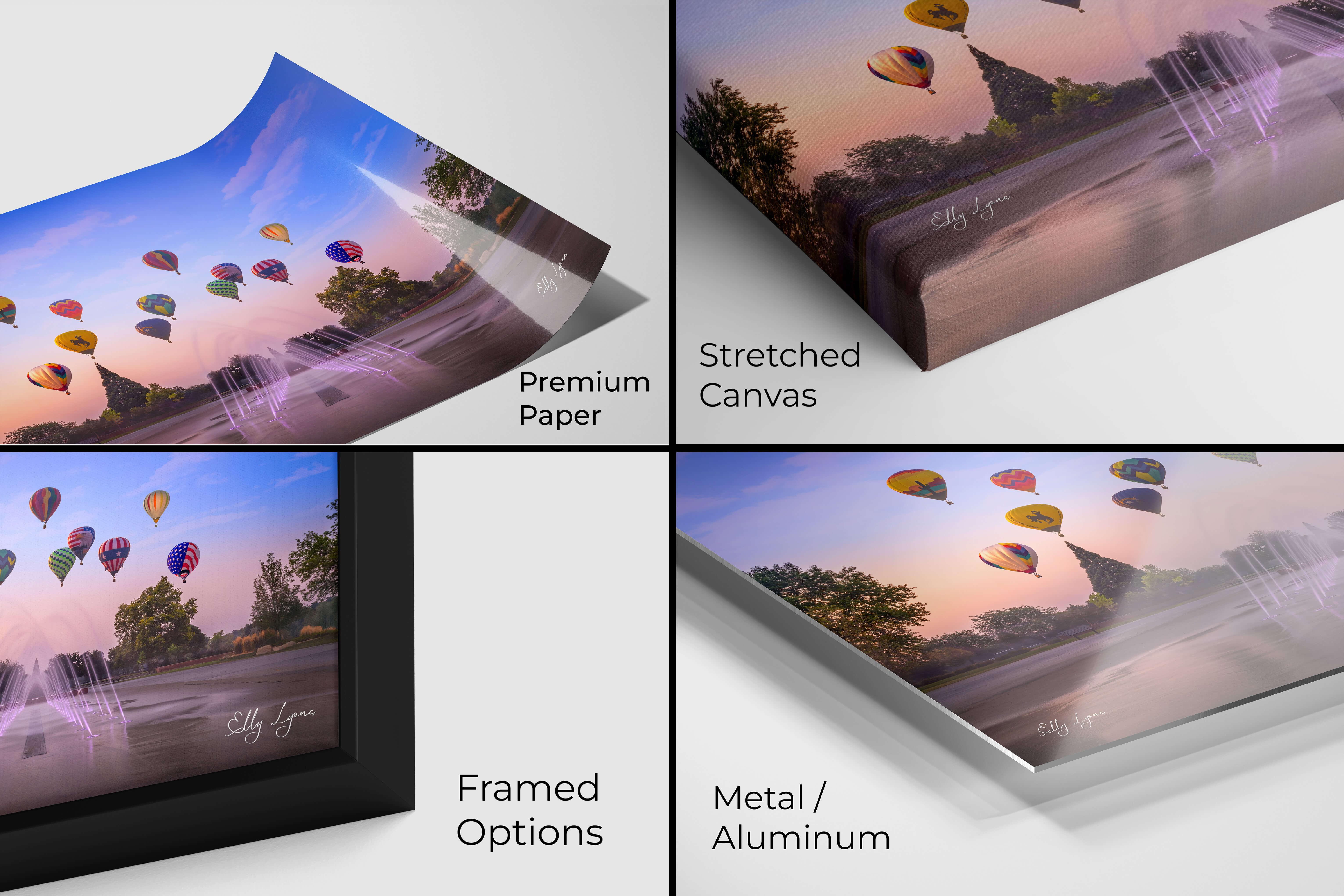 Joyful hot air balloon wall art in premium canvas, metal, paper, and framed options.