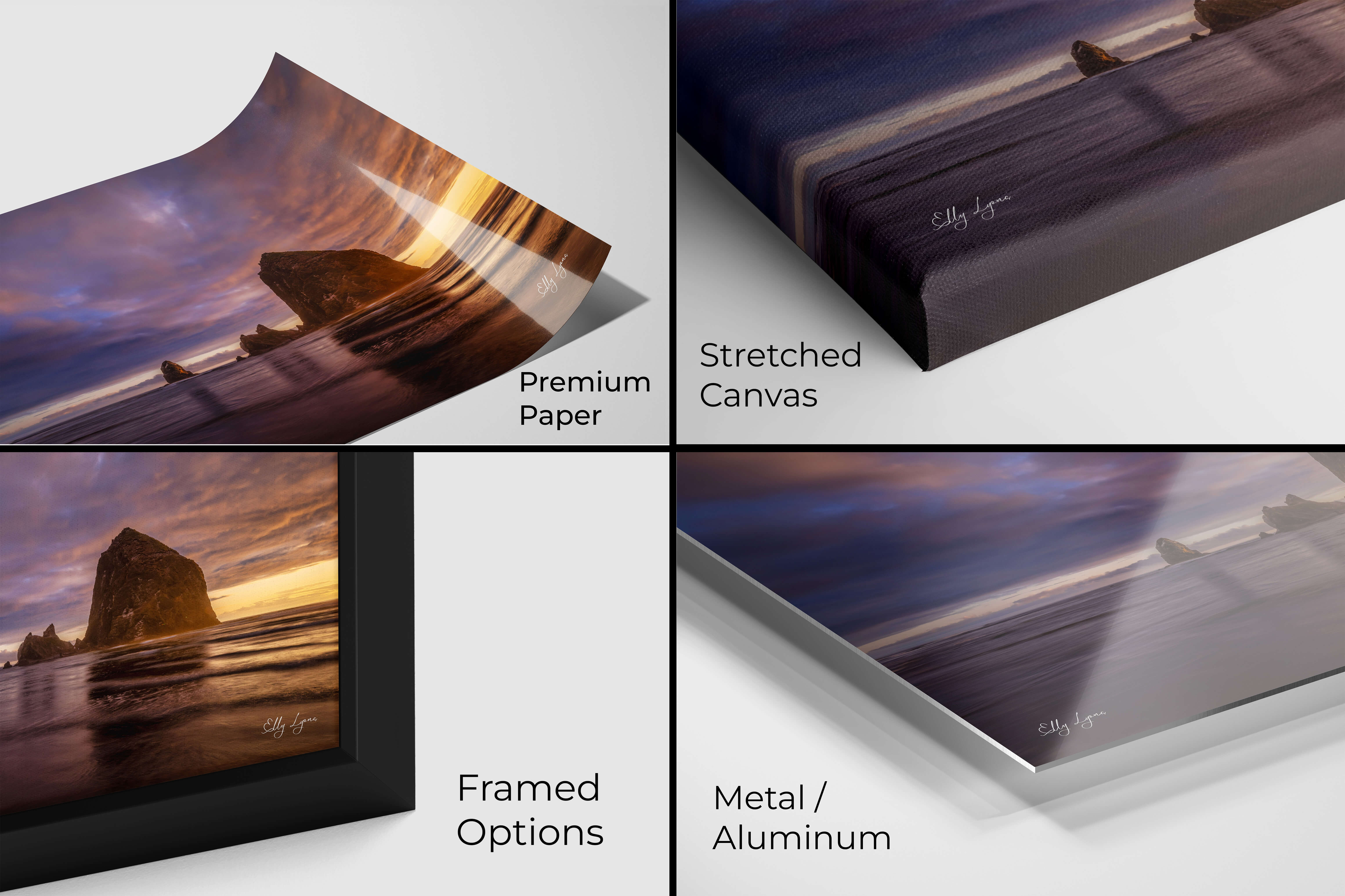 Four material options shown for Haystack Rock sunset print: premium paper, canvas, framed close-up, and metal.