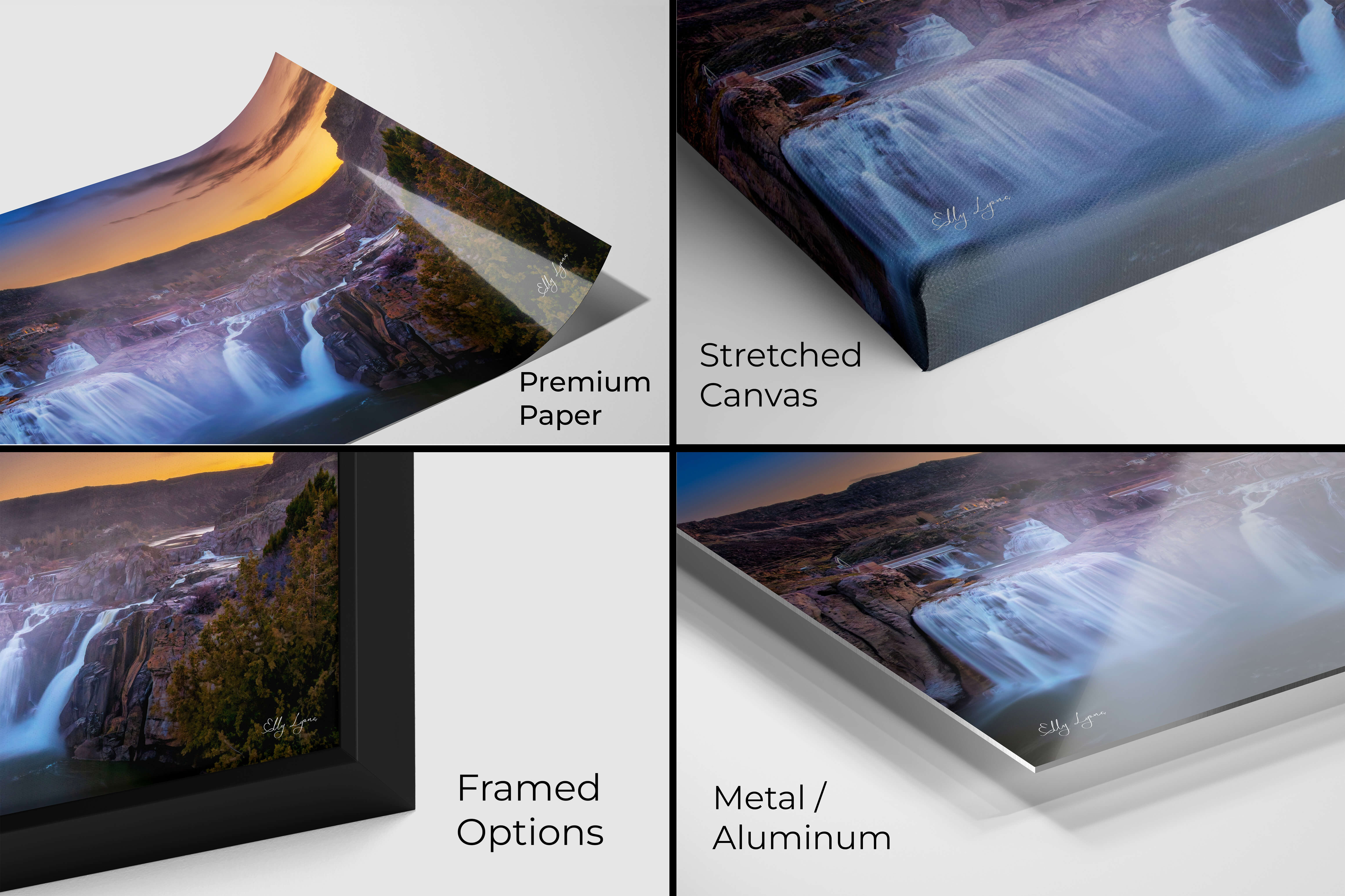 Close-up of Shoshone Falls print materials showing paper, canvas, metal, and acrylic options in vibrant detail.
