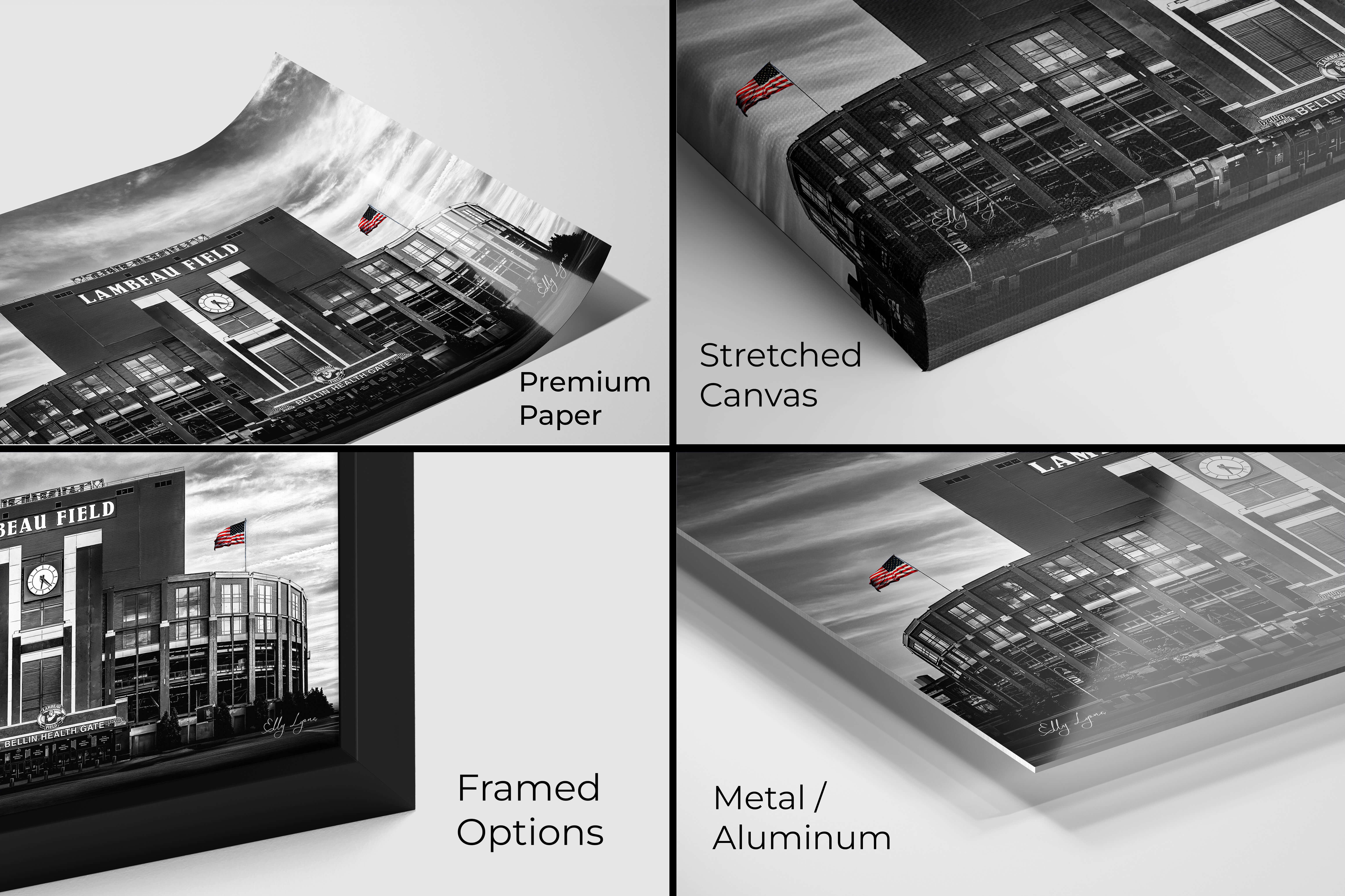 Material Options Close-Up – Close-up view of Lambeau Field print on premium paper, stretched canvas, framed, and metal, showing fine detail and texture options.