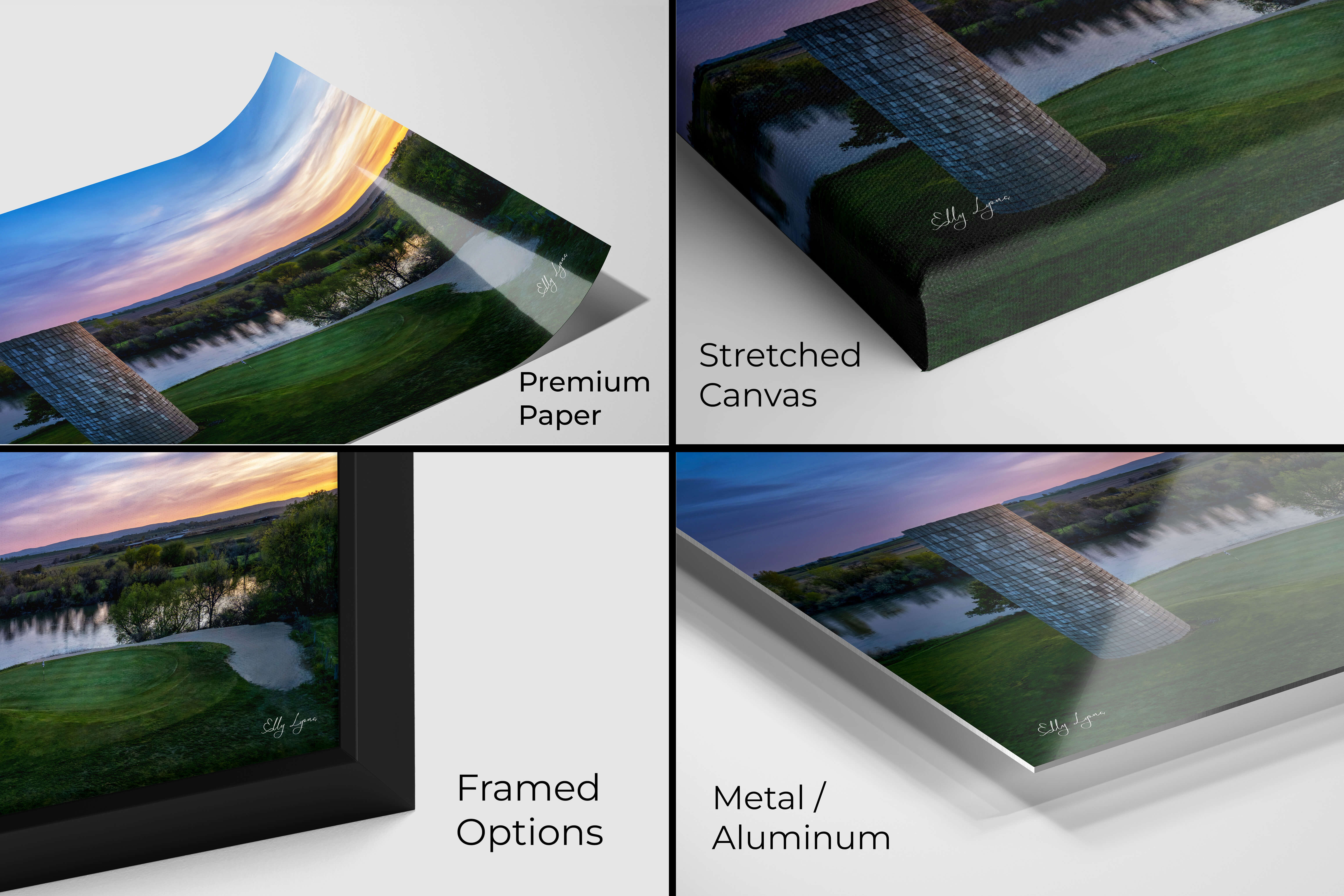 Close-up view of print materials available—premium photo paper, stretched canvas, aluminum/metal, and framed options—featuring the golf course sunset print.