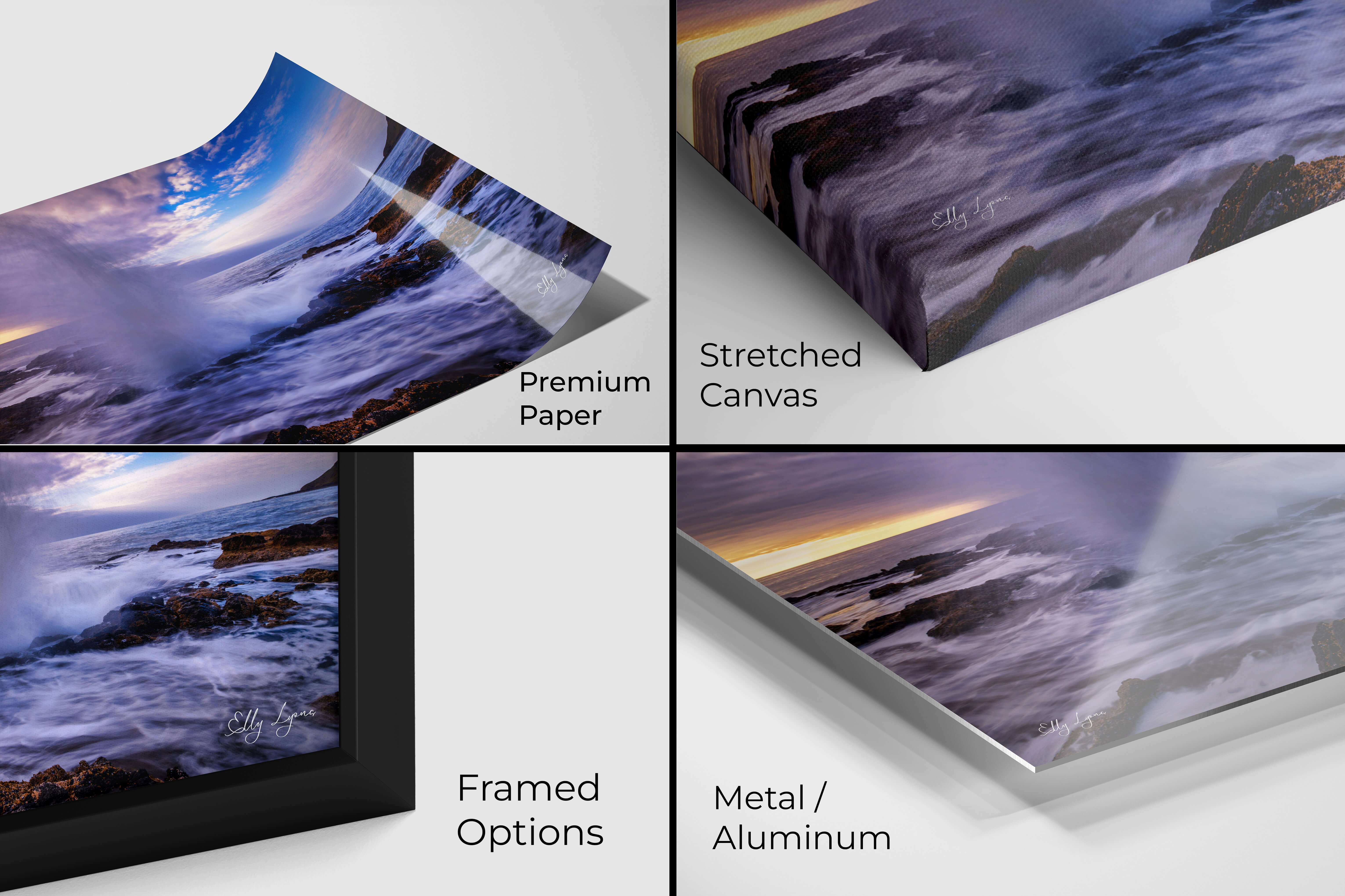 Display of ocean blowhole print available in paper, canvas, metal, and framed finishes.