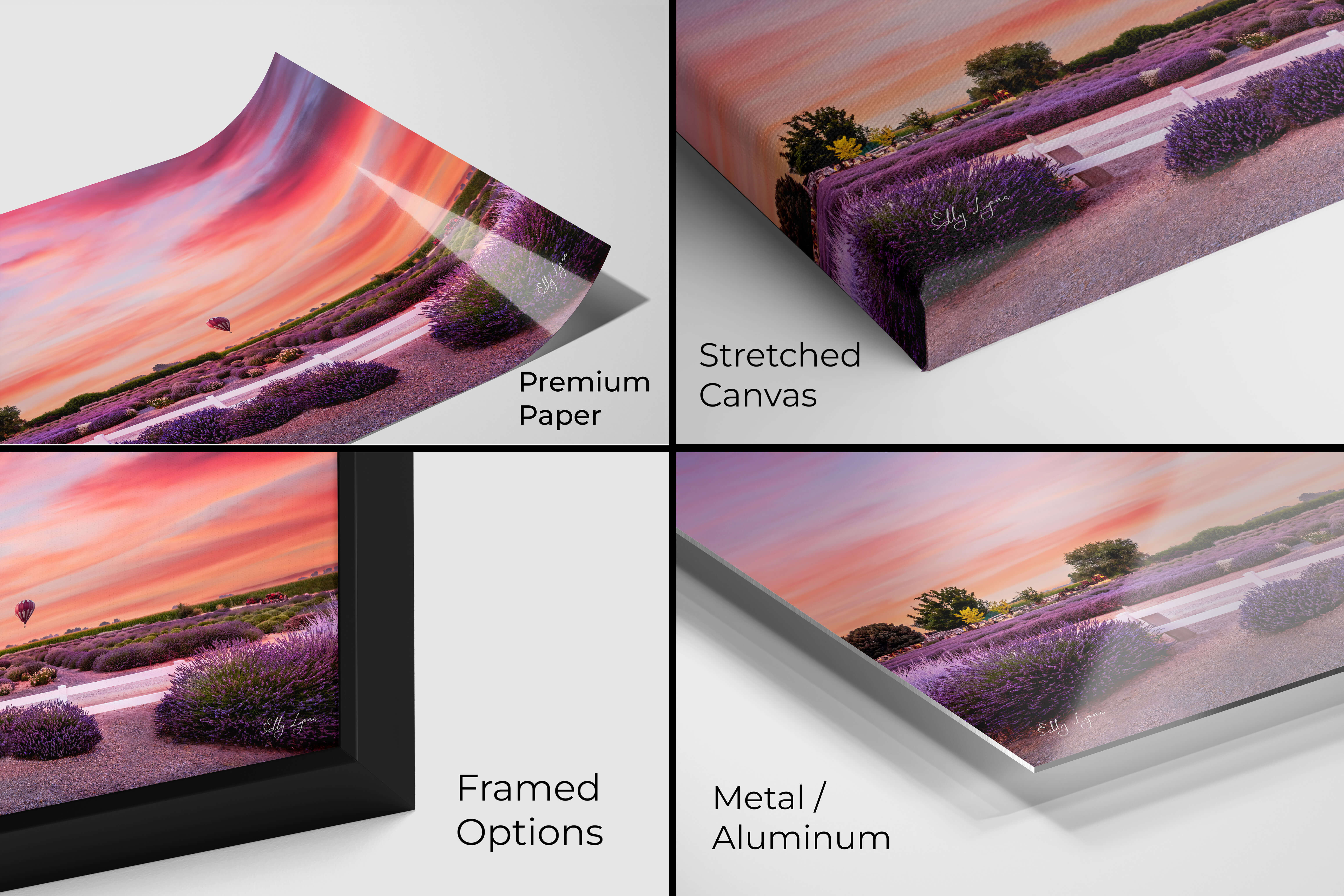Lavender field hot air balloon wall art shown on canvas, metal, premium paper, and framed options.