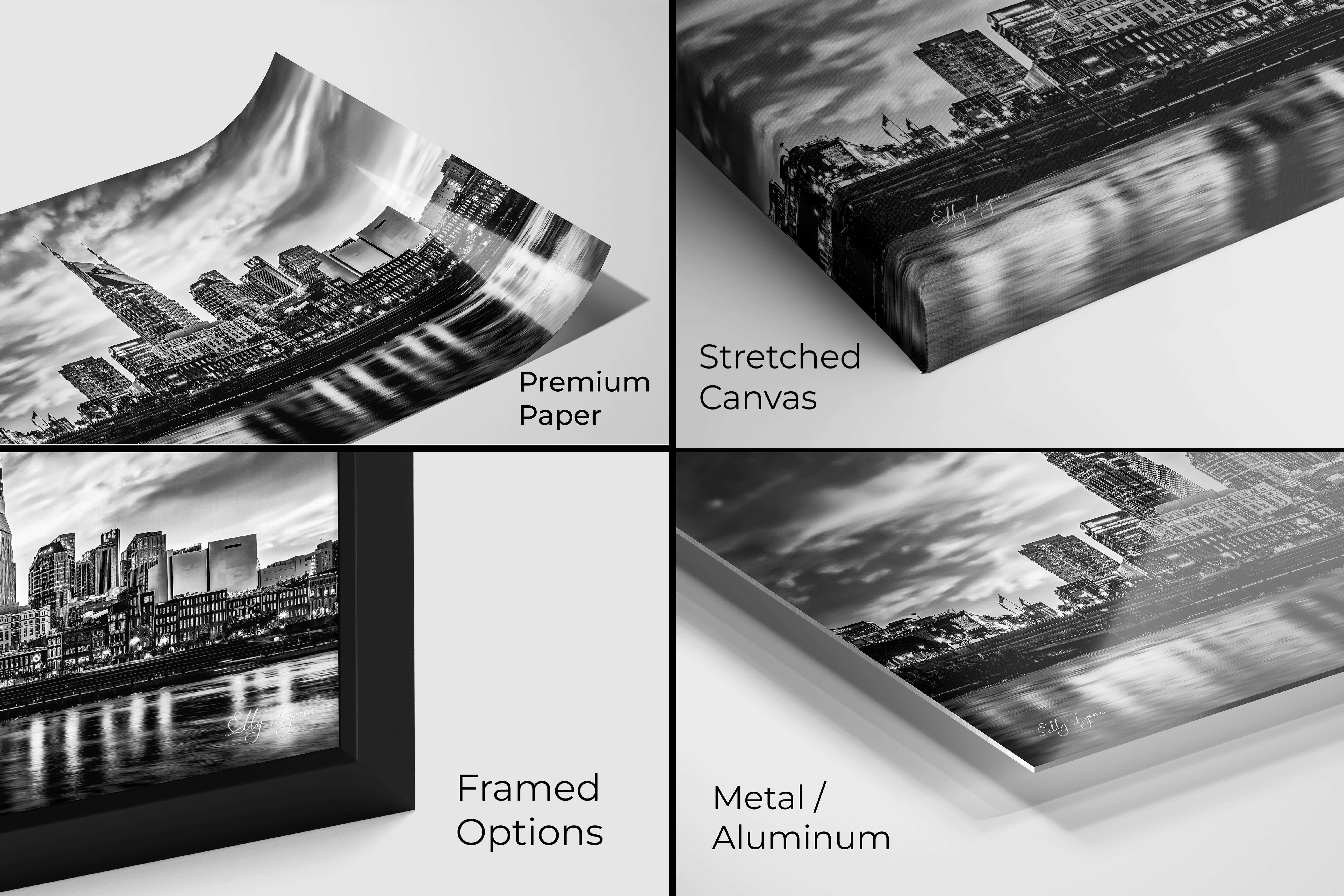 Monochrome Nashville skyline shown on paper, canvas, framed, and metal display options.