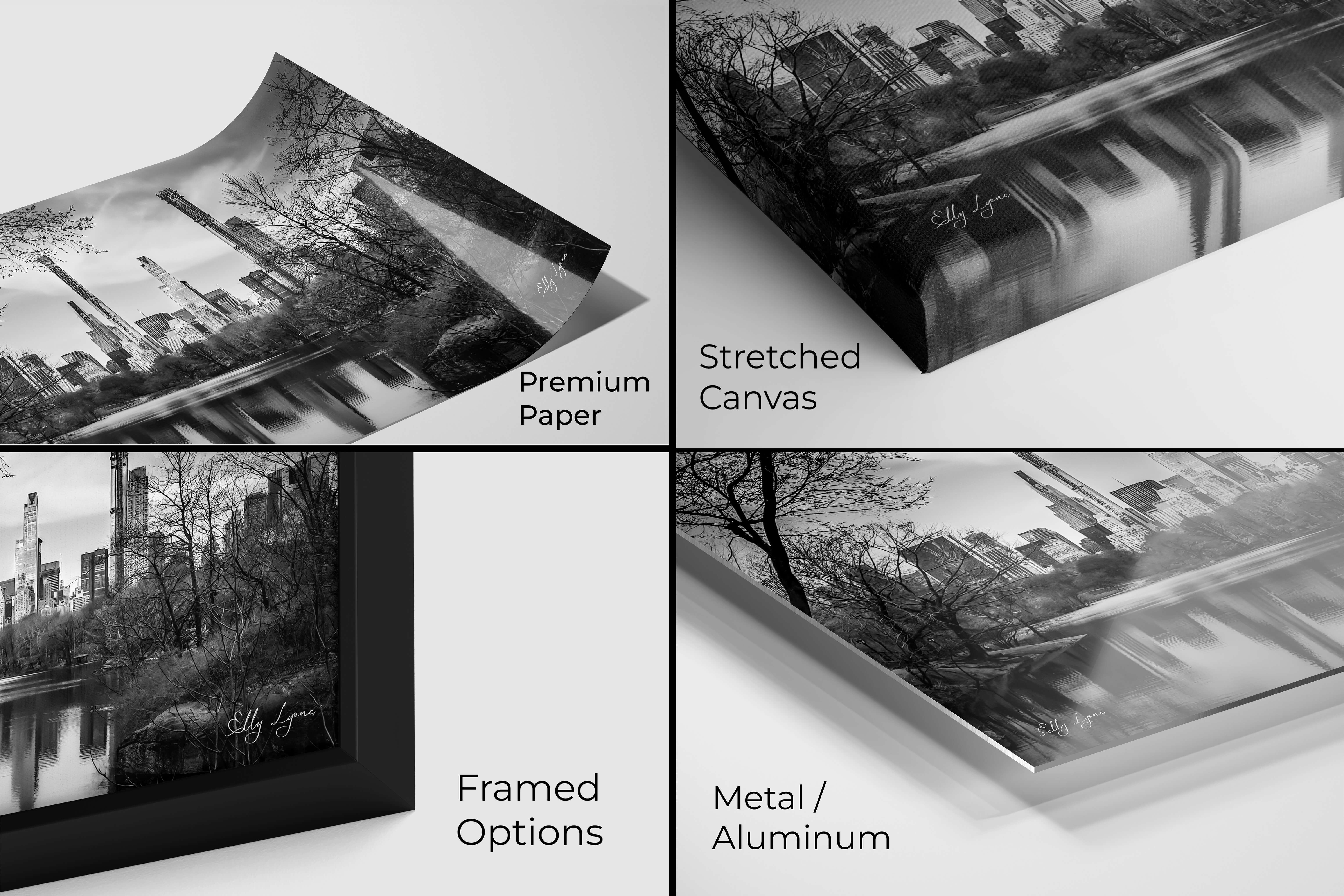 Monochrome NYC skyline print displayed on premium paper, canvas, framed, and metal print options.