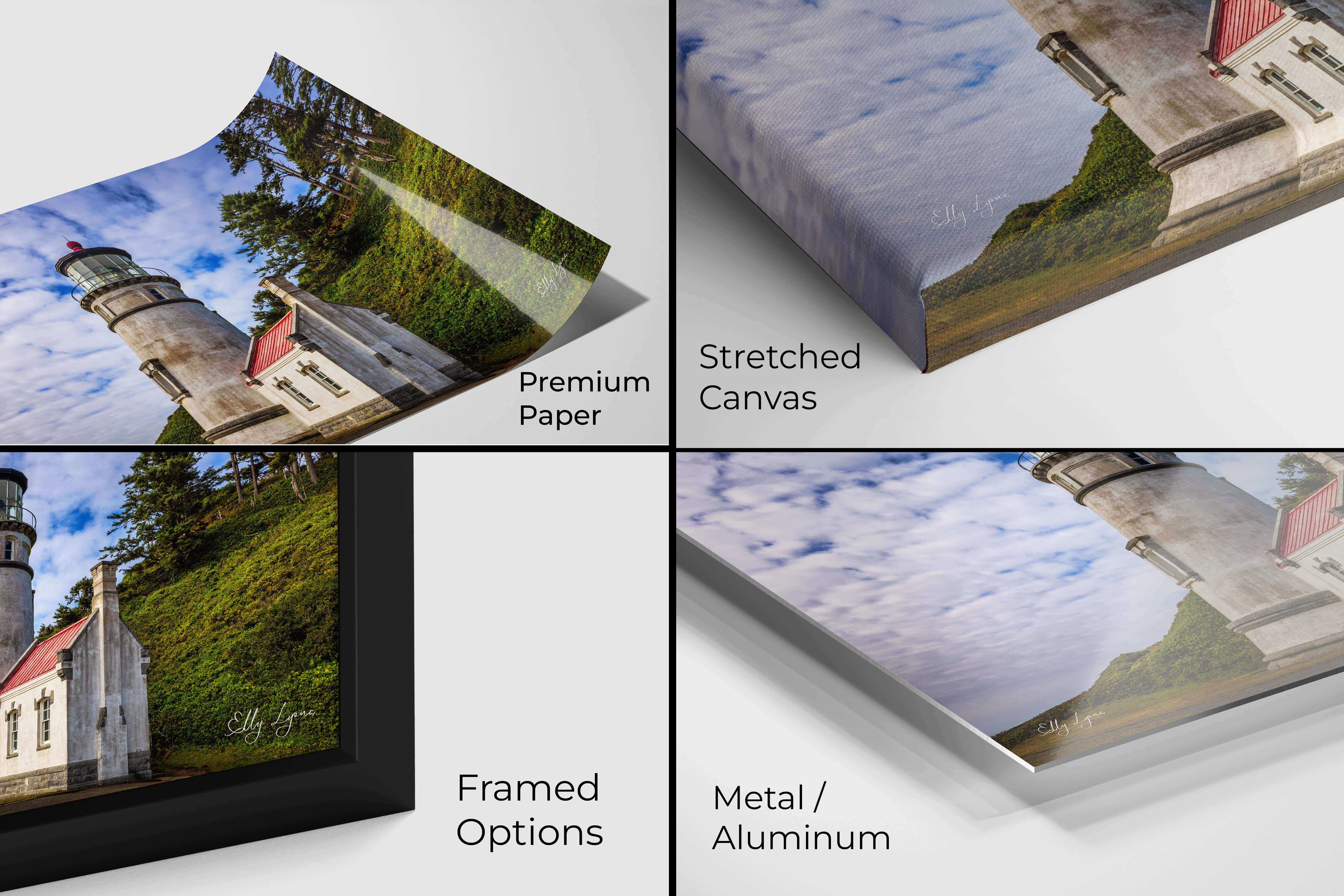 ine art lighthouse print displayed on premium paper, canvas, metal, and in a framed format.