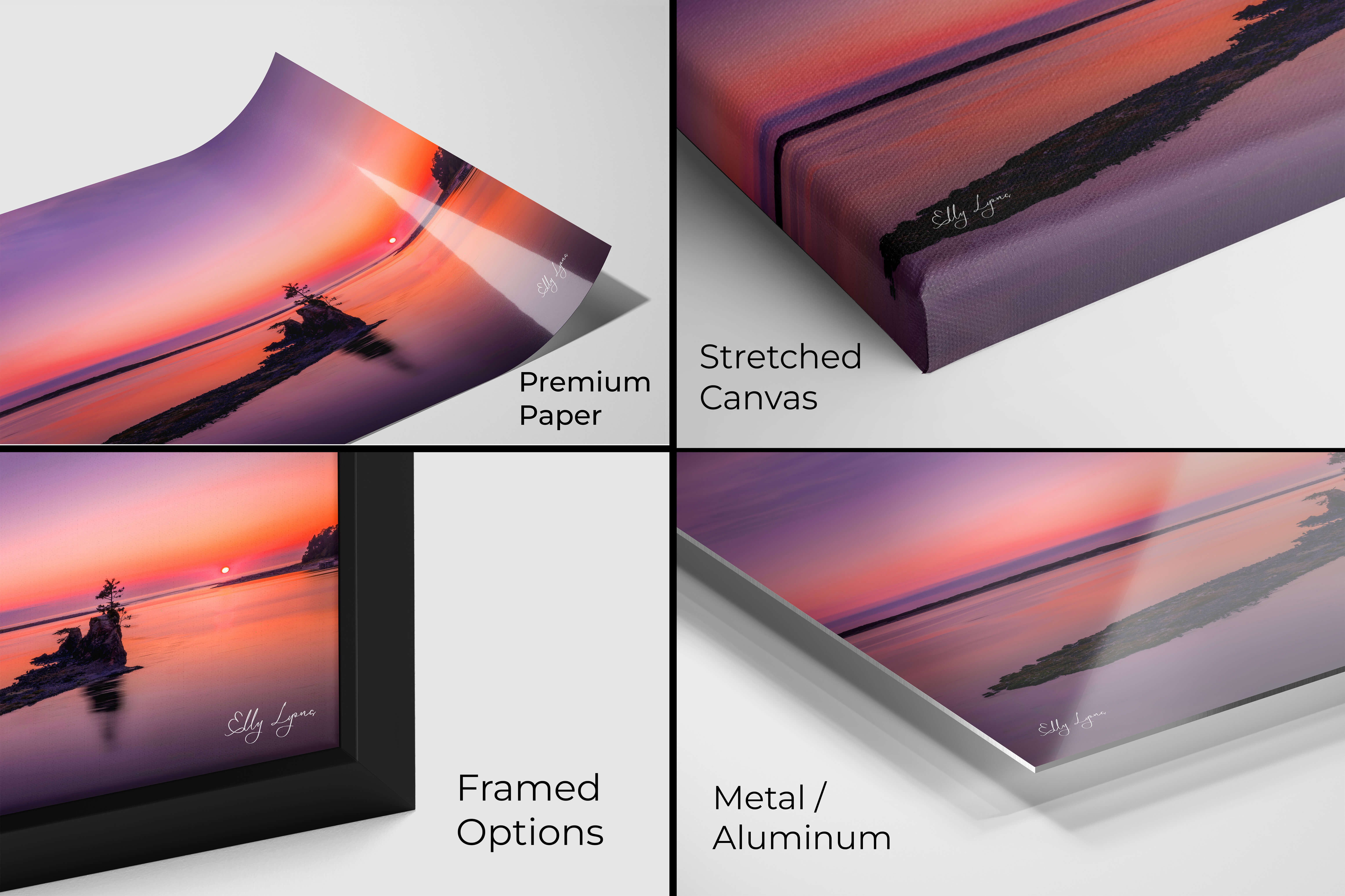 Seascape sunset print shown on premium paper, stretched canvas, metal, and framed material options.