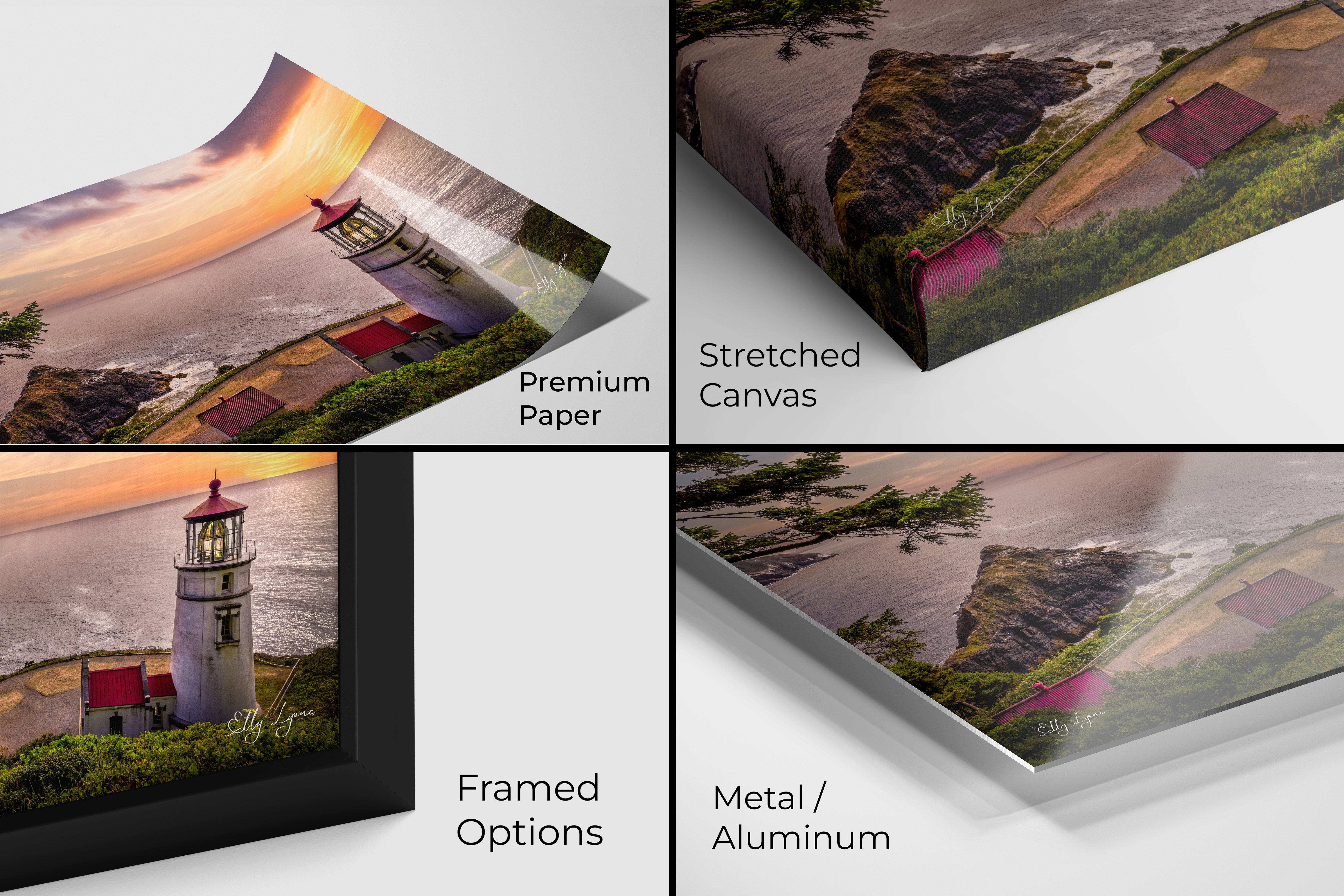 Heceta Head lighthouse photo displayed in paper, canvas, metal, and framed formats.