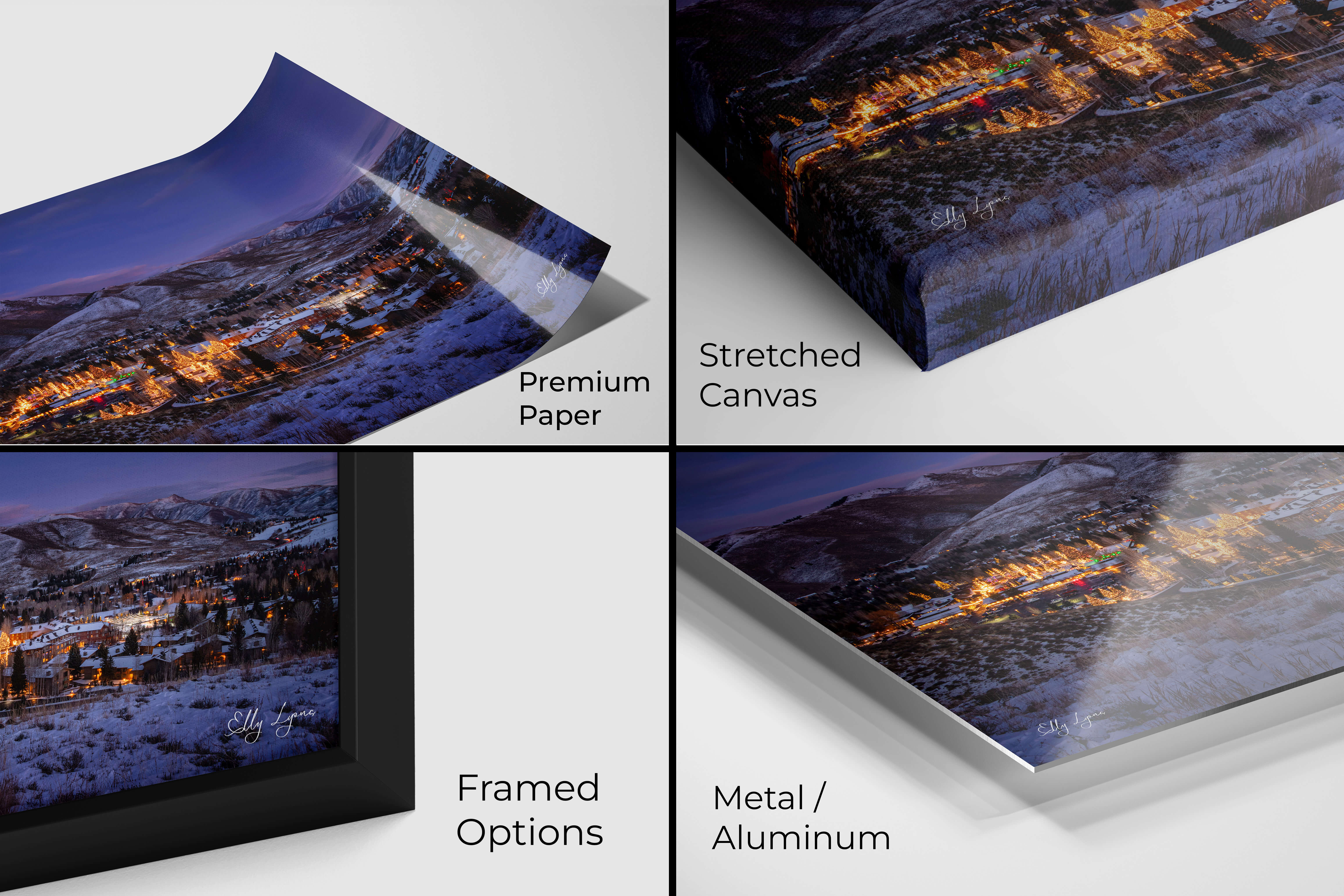 Winter mountain village print displayed on canvas, metal, paper, and framed styles.