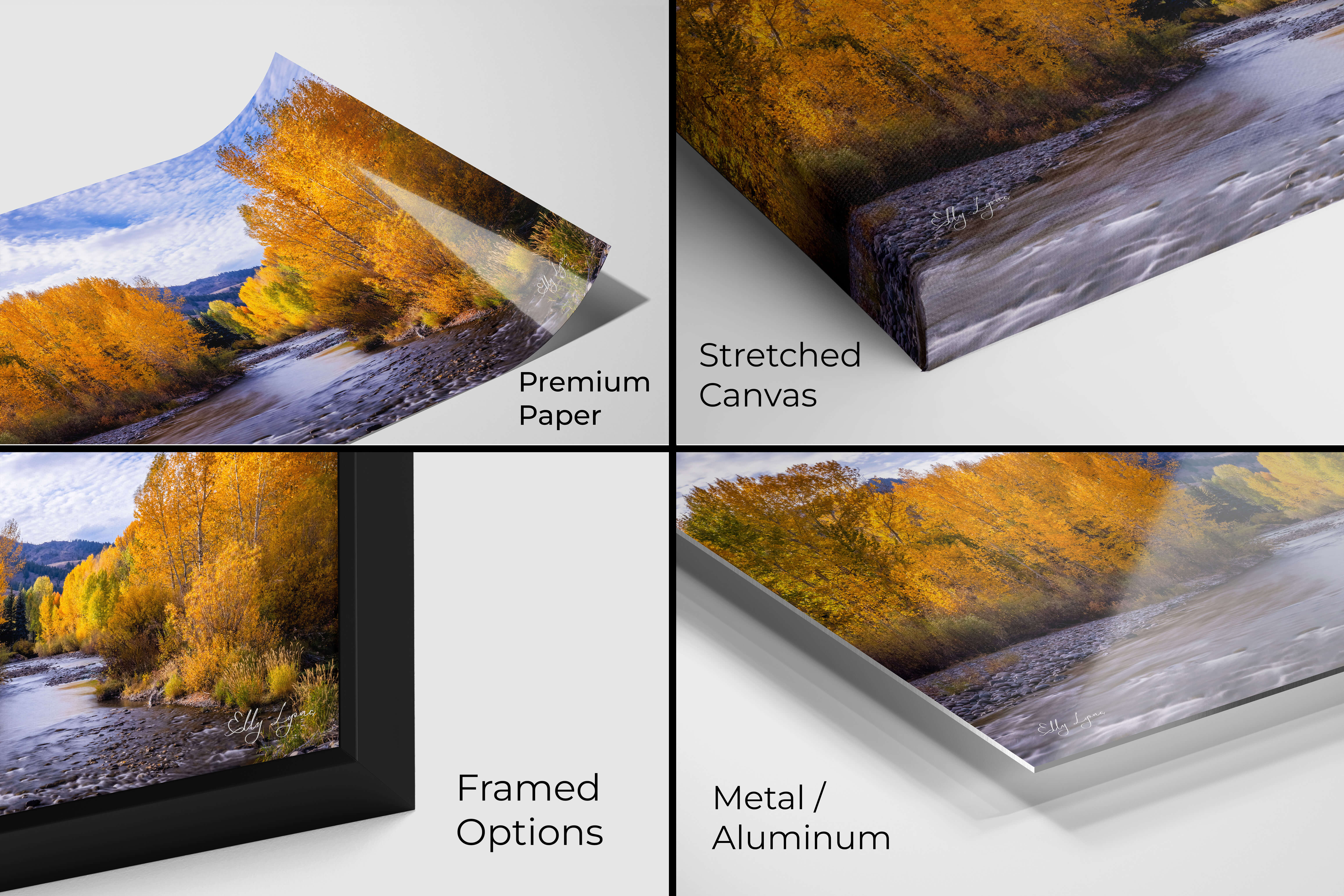 Peaceful fall river scene available in premium paper, canvas, framed, and metal print formats.