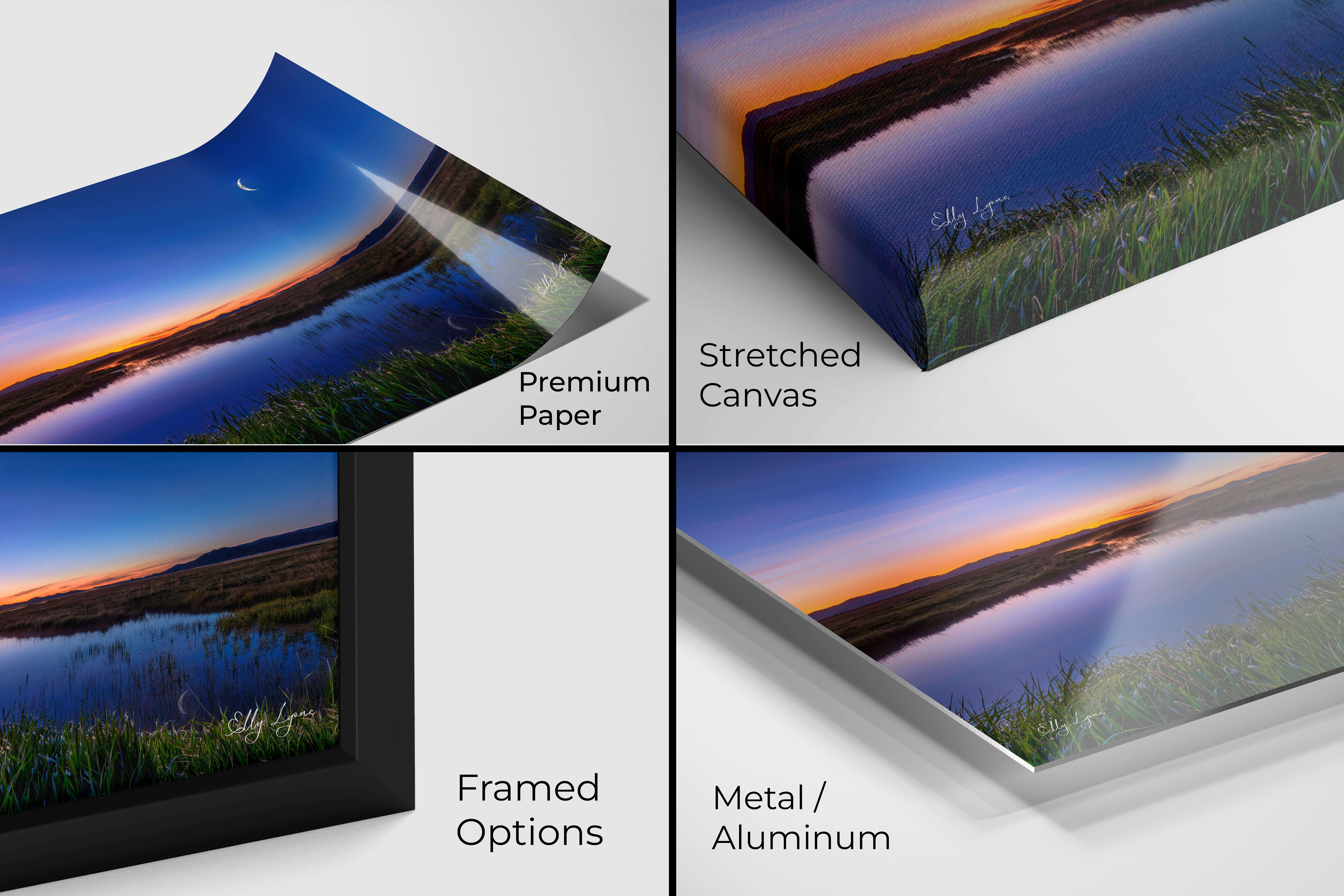 Moonrise over tranquil marsh landscape, available in canvas, metal, paper, and framed print options.