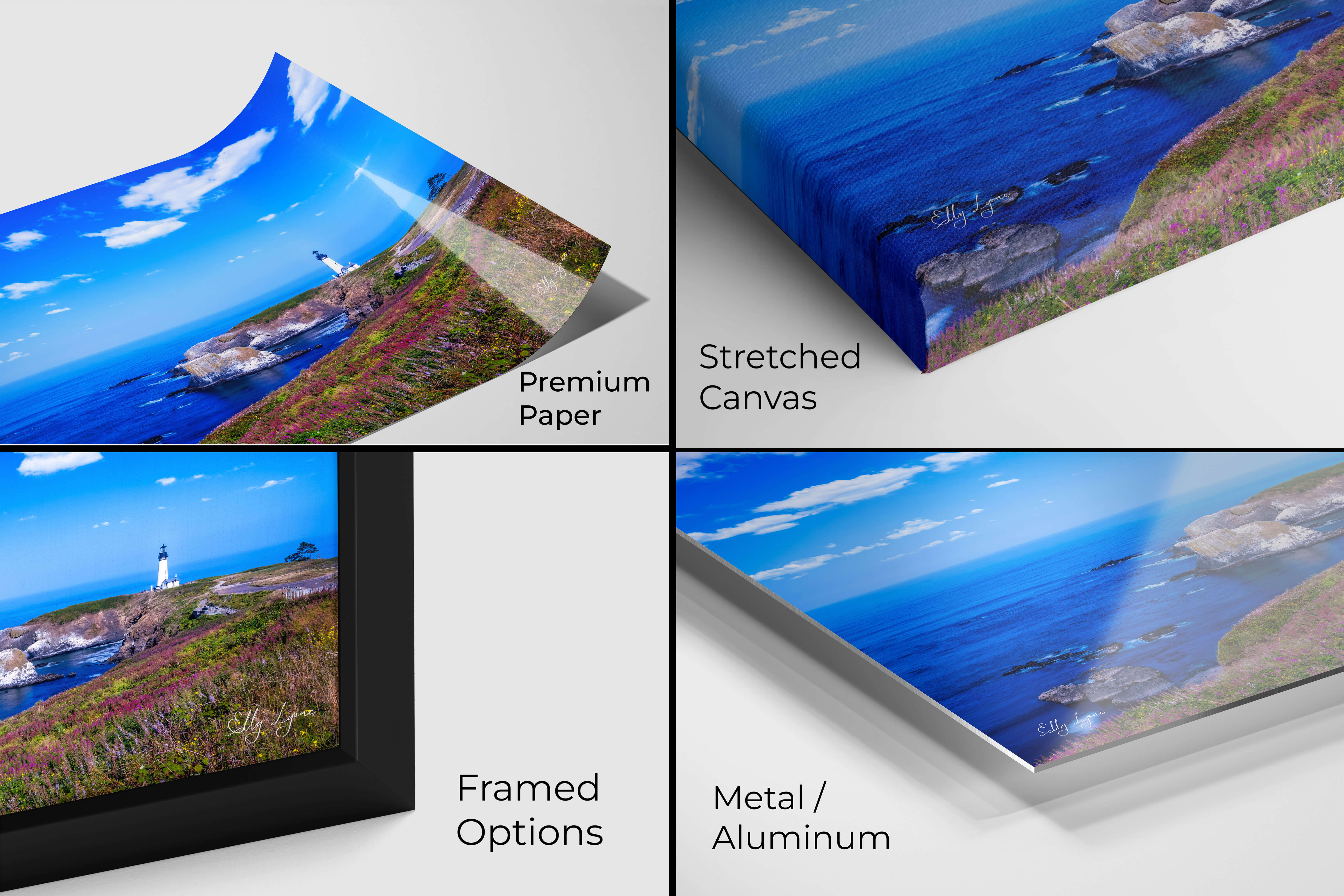 Fine art print of a coastal lighthouse scene shown in premium paper, canvas, framed, and metal material options.
