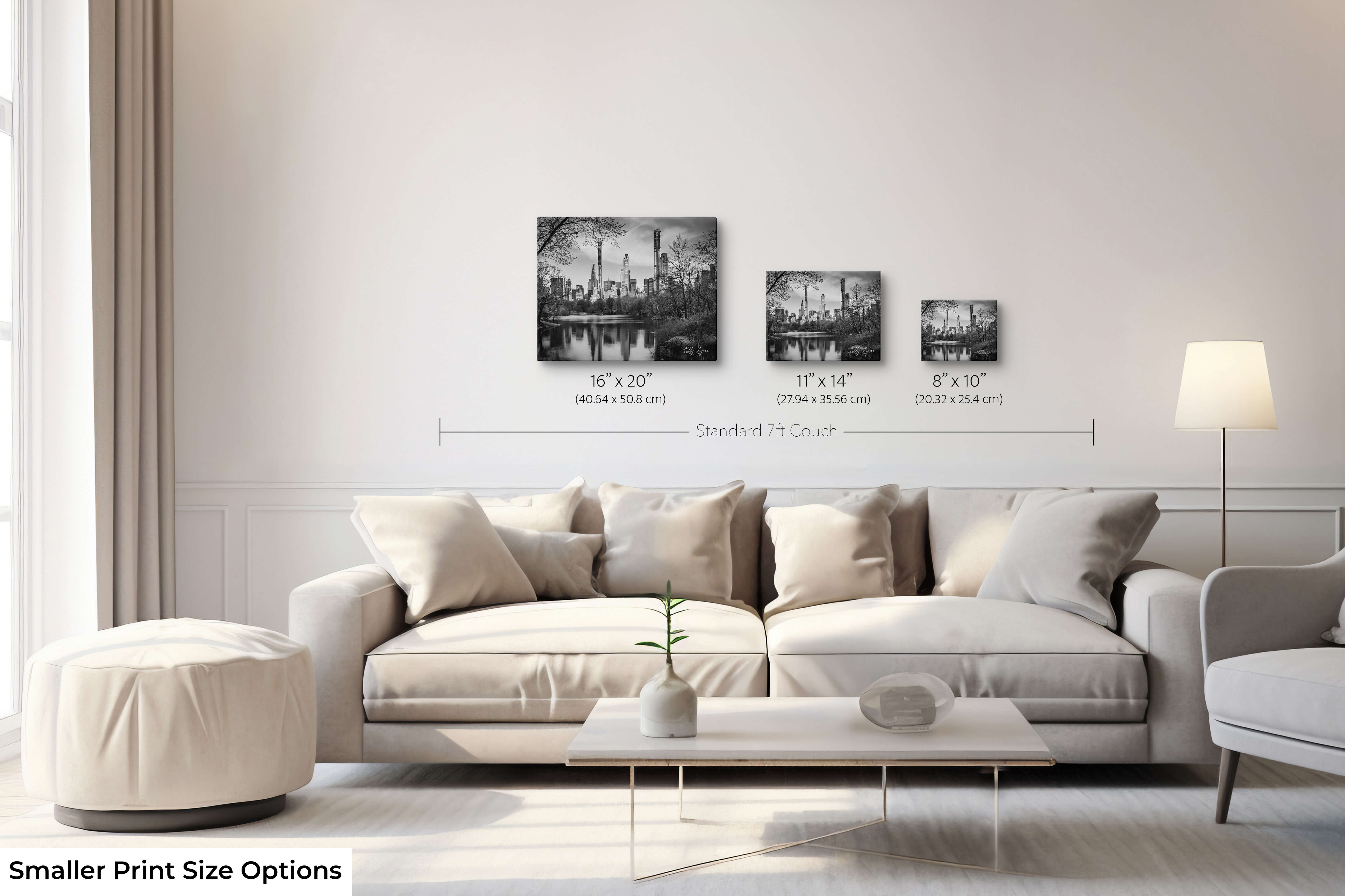 A trio of small NYC skyline prints styled together as a gallery wall.