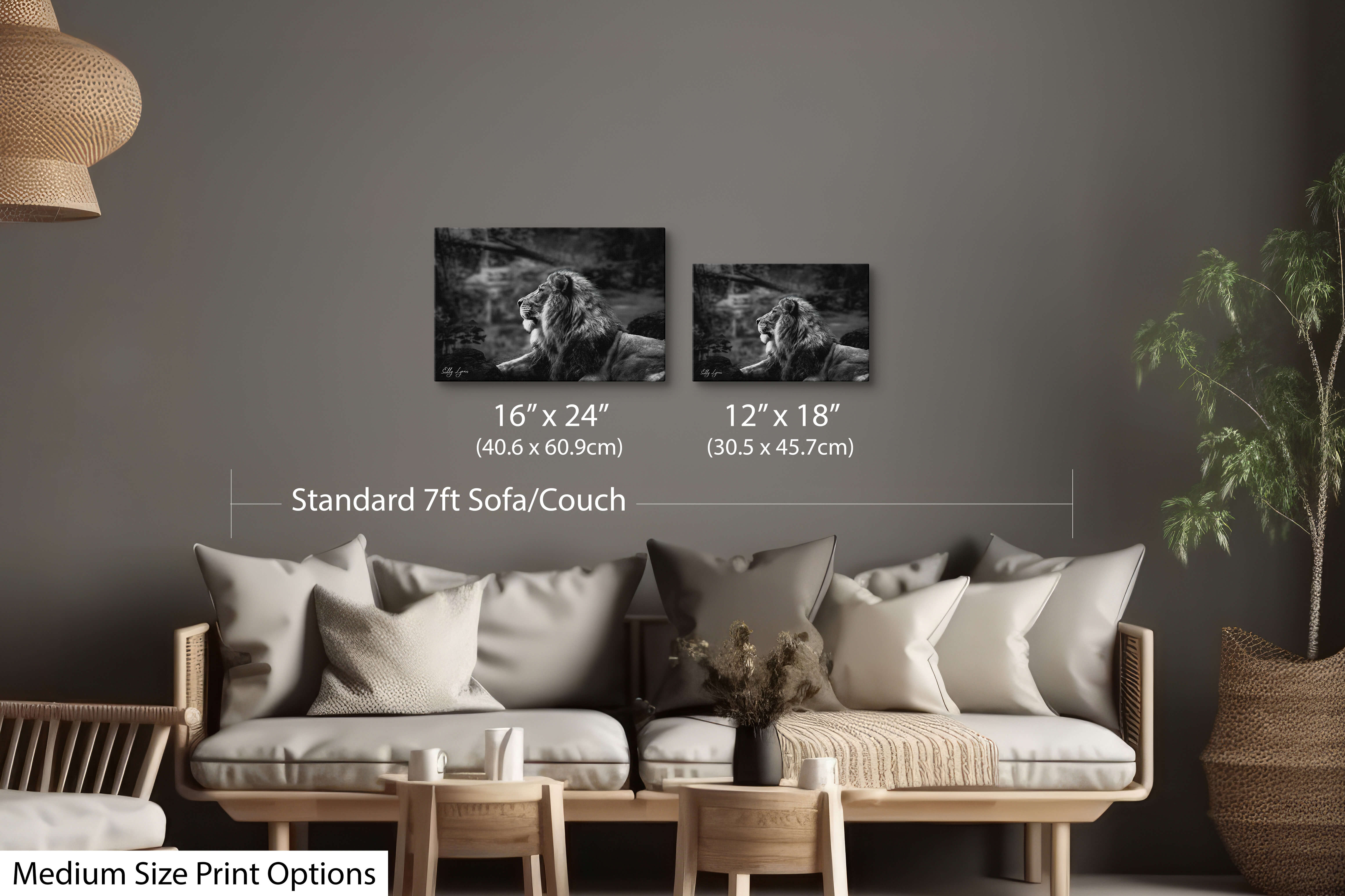 “The Watchman” lion artwork displayed in 12x18 and 16x24 sizes above a soft-toned sofa—great visual scale reference.