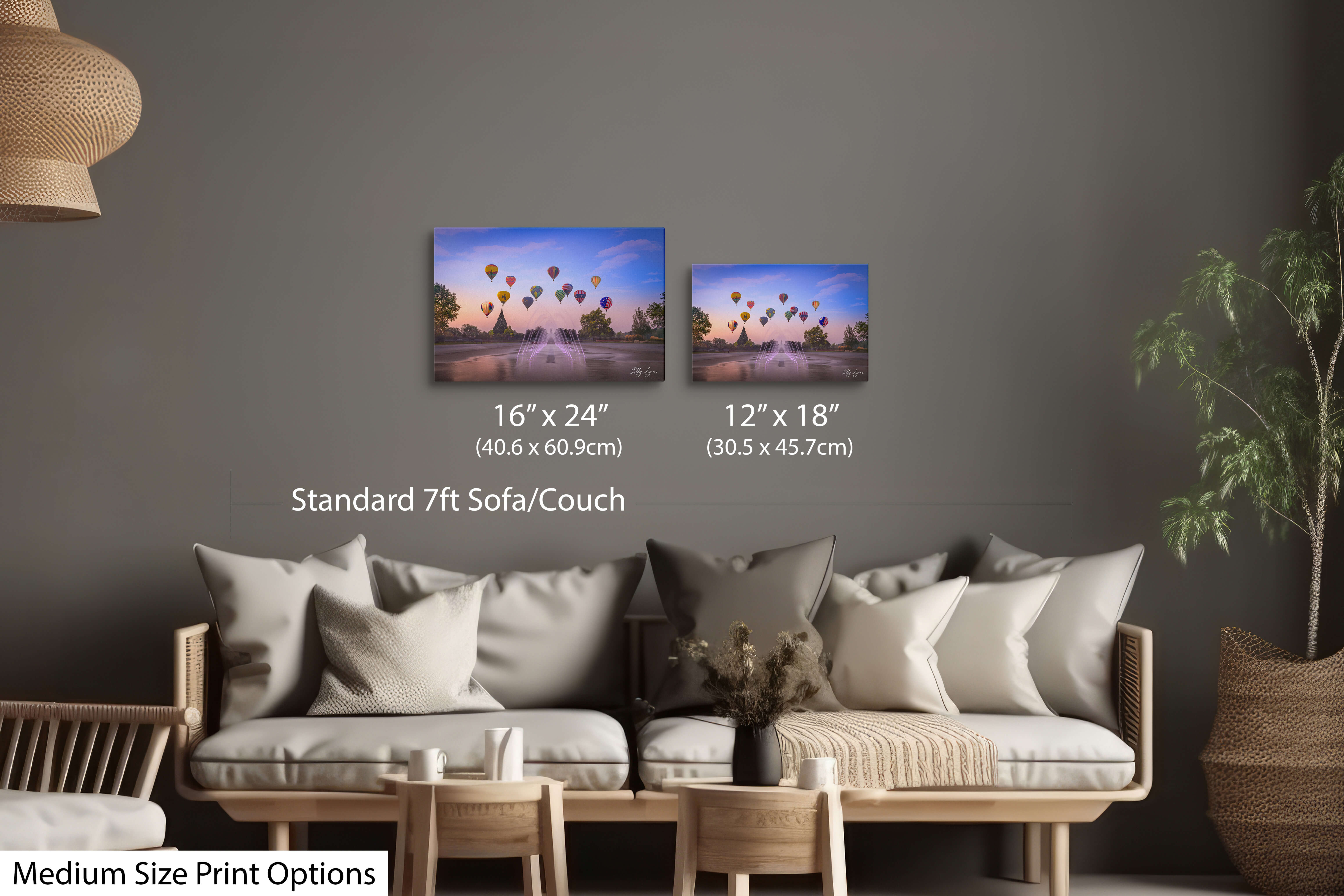 Pair of uplifting balloon art prints with sunrise skies and vibrant color.