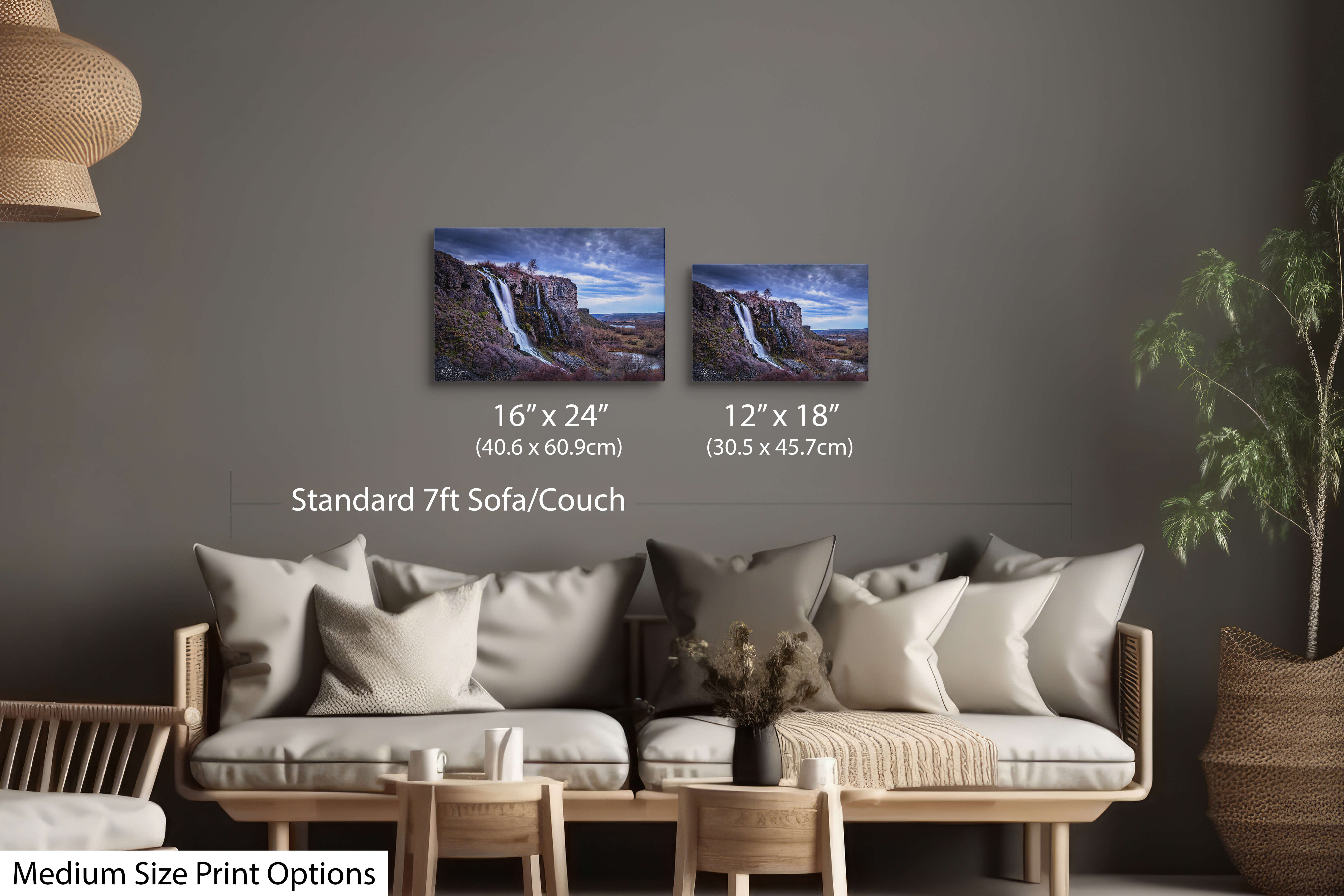 Mid-size wall art of Ritter Island waterfall in a soft-toned living room styled for scale and atmosphere.