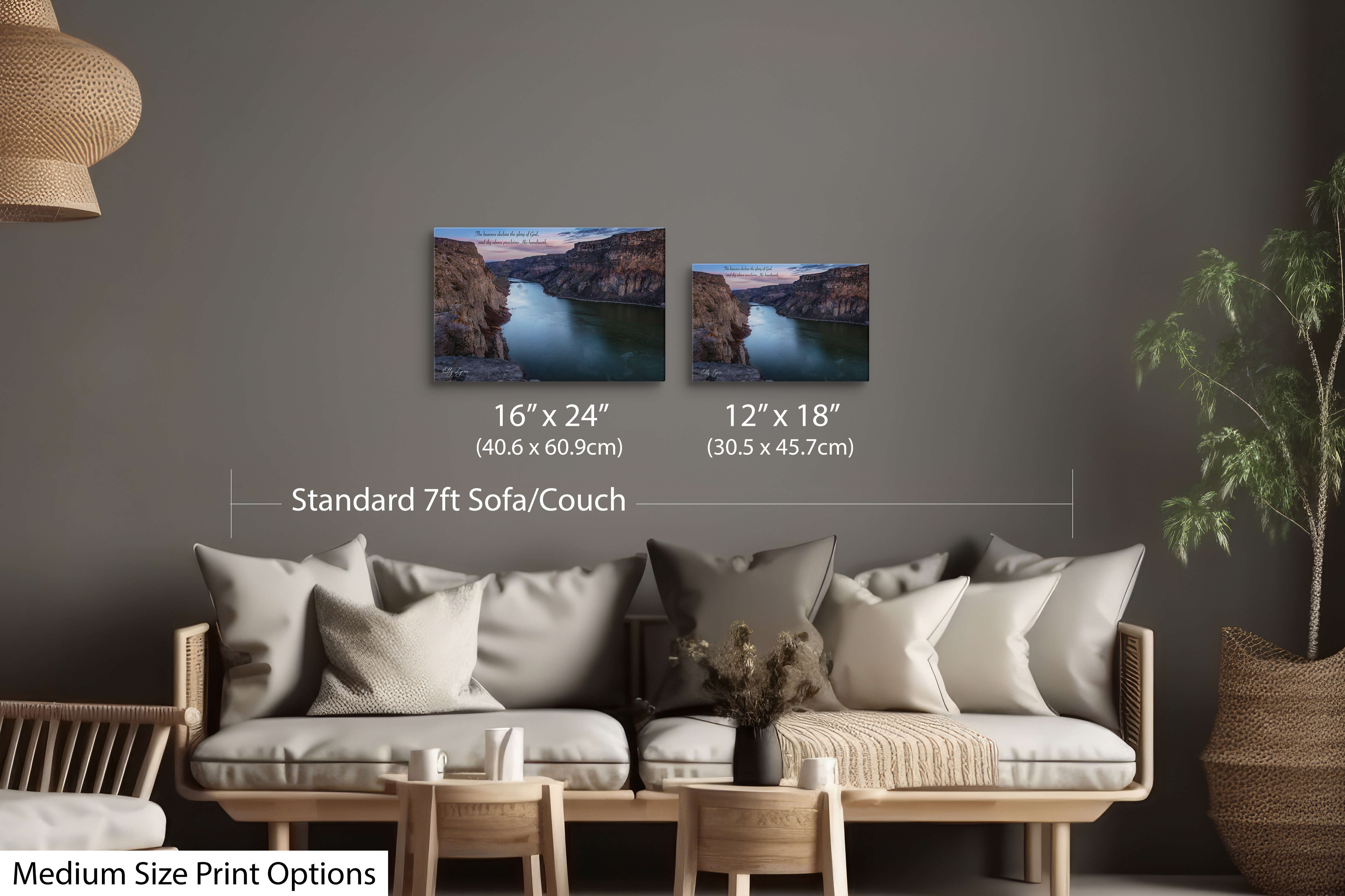Pair of medium scripture prints featuring Snake River Canyon with Psalm 19:1 in a bright living room.