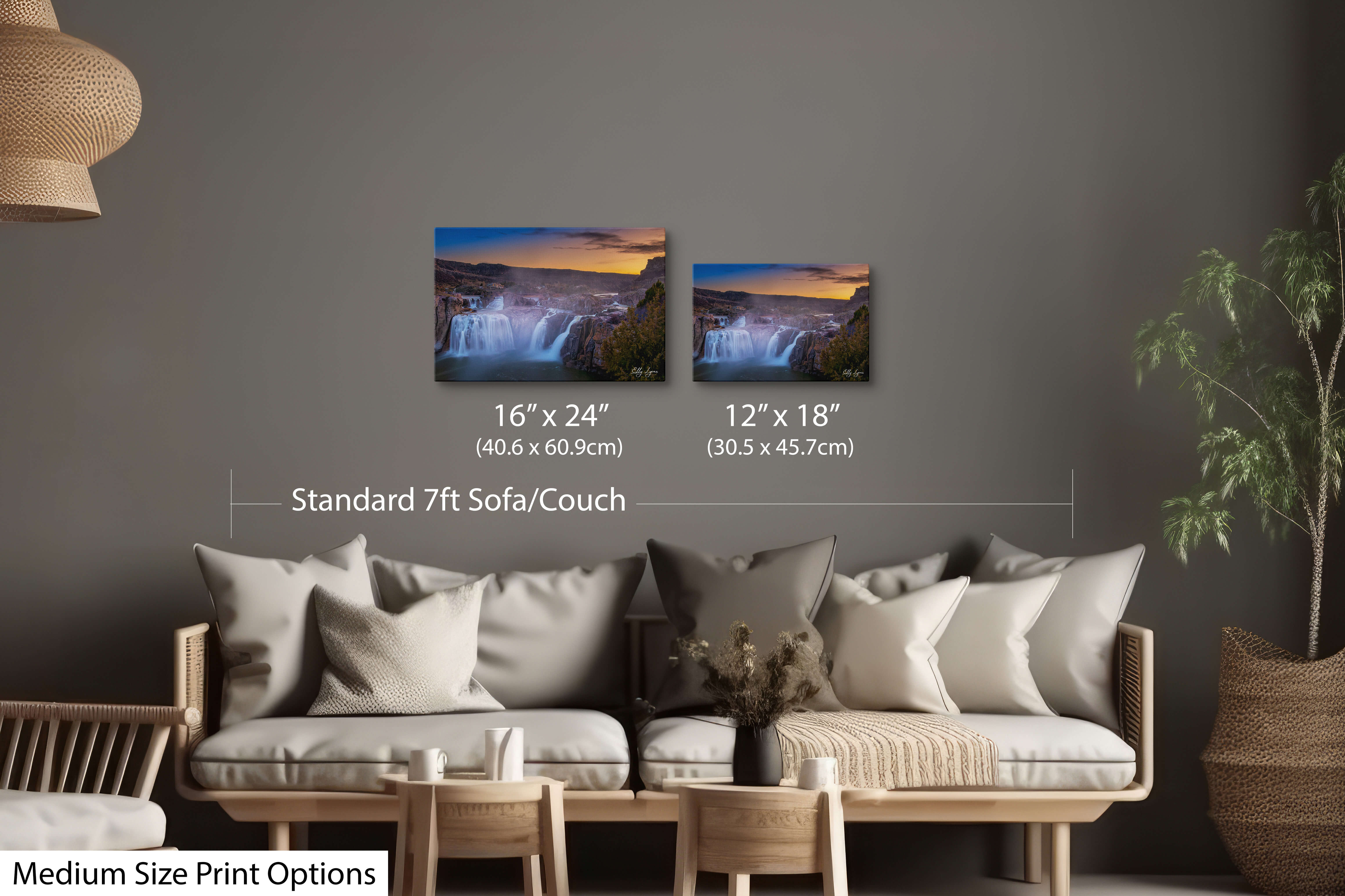 Medium Shoshone Falls art displayed above a neutral couch setup, providing reference for scale and style.