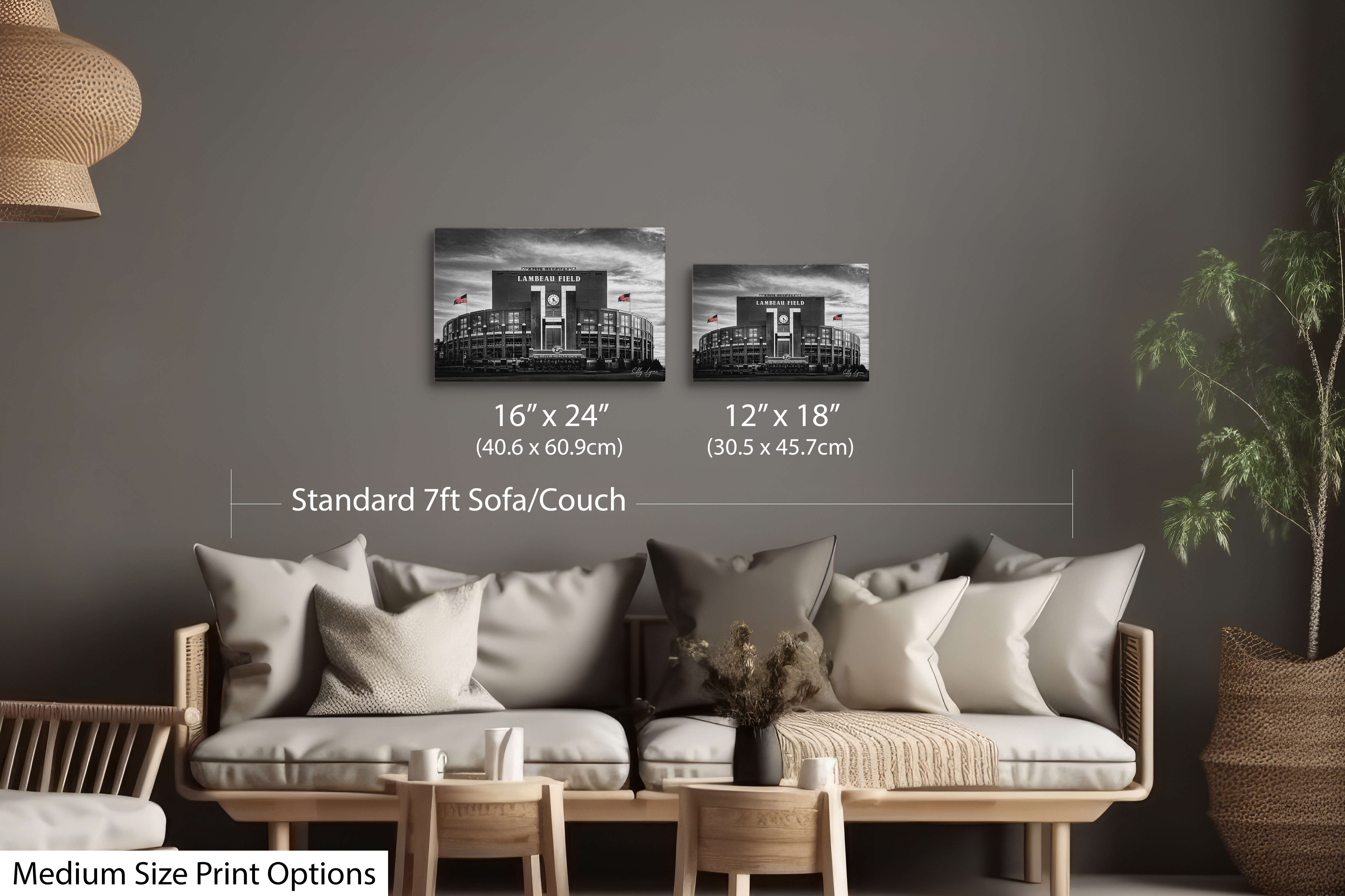 Medium Size Prints in Neutral Living Room – Medium size prints of Lambeau Field above a modern neutral sofa, ideal for visualizing 12x18 and 16x24 formats.