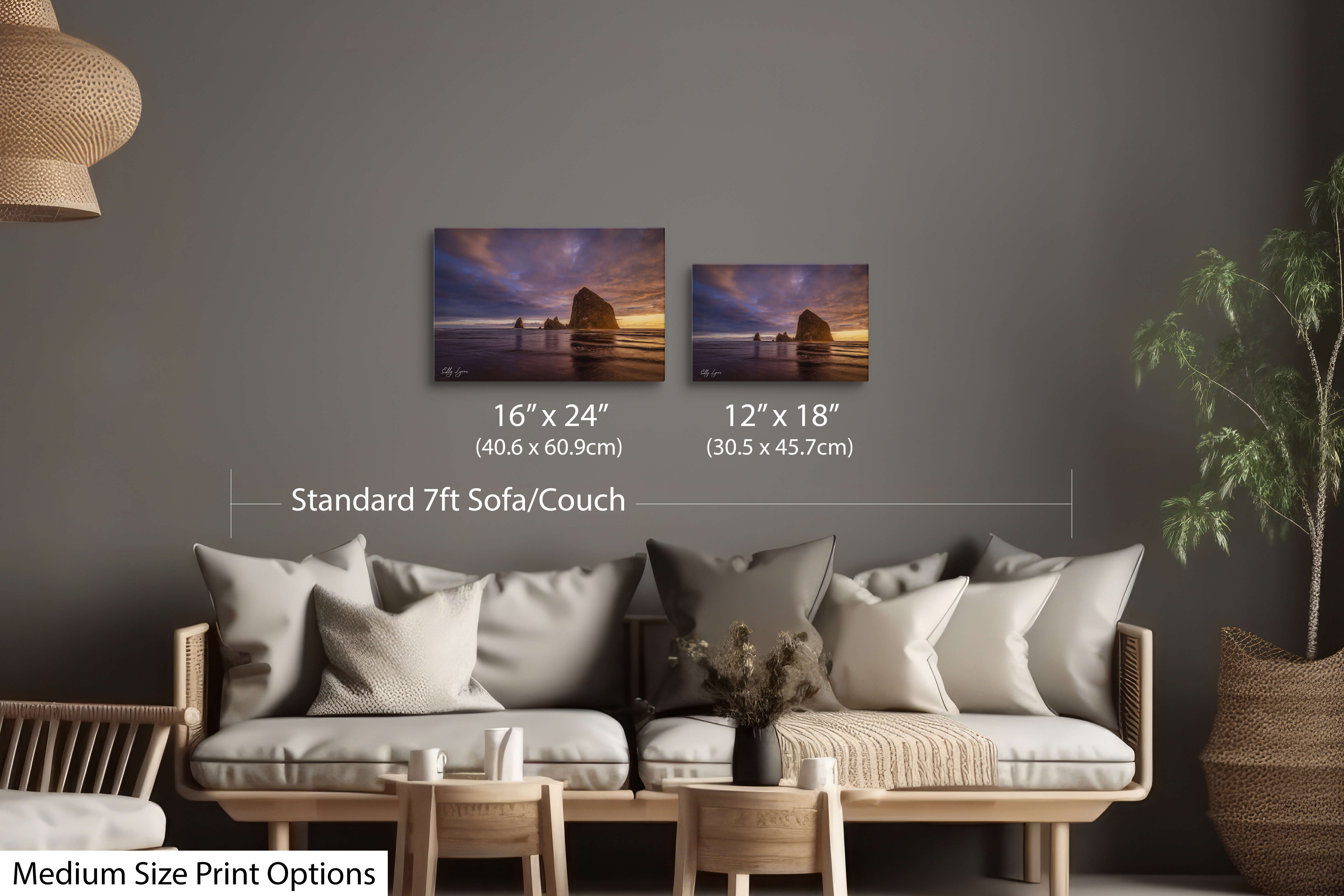 Pair of medium Haystack Rock prints displayed side-by-side in a living room.