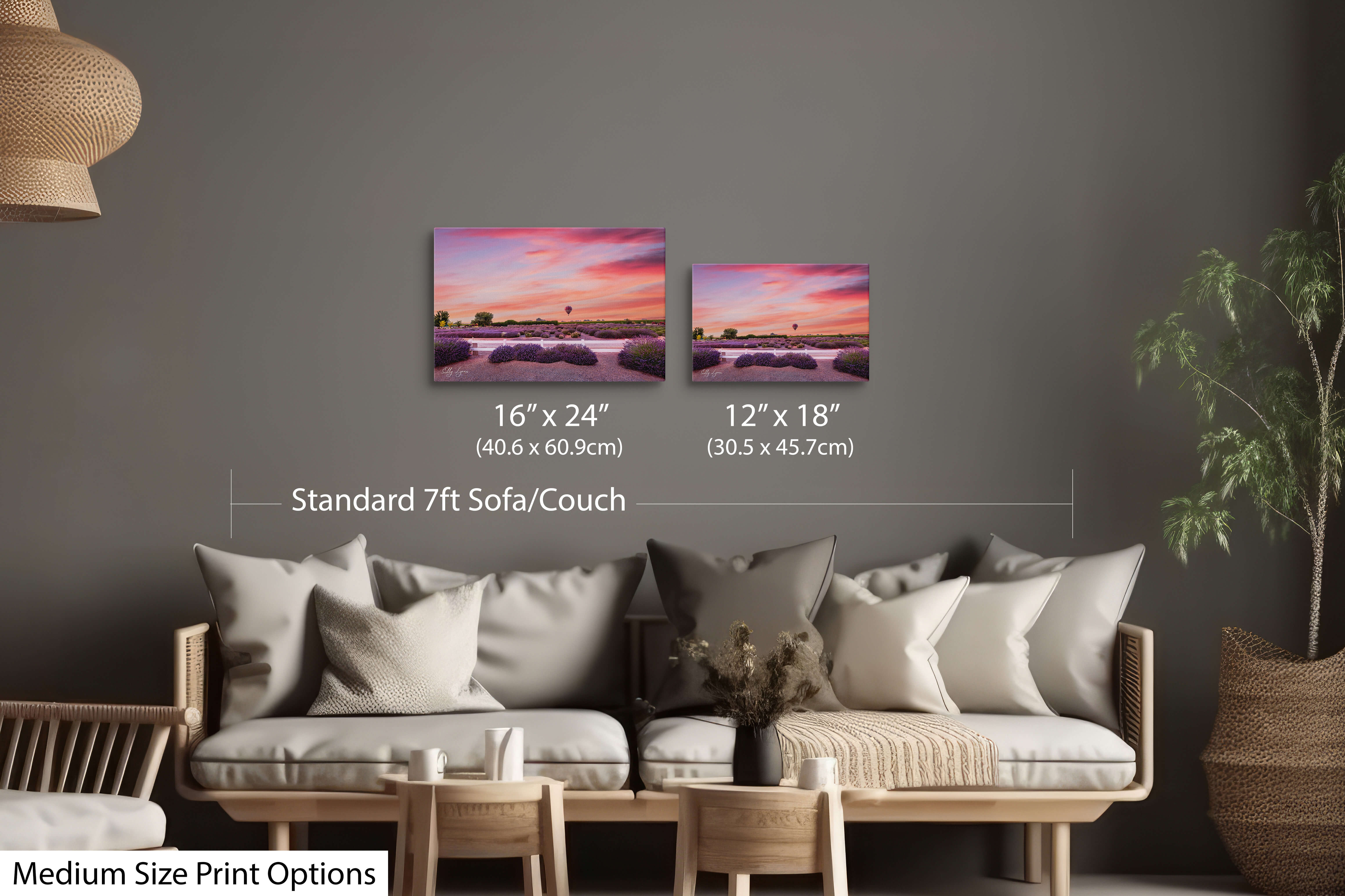 Elegant lavender wall prints with a rising balloon and golden-pink sky.