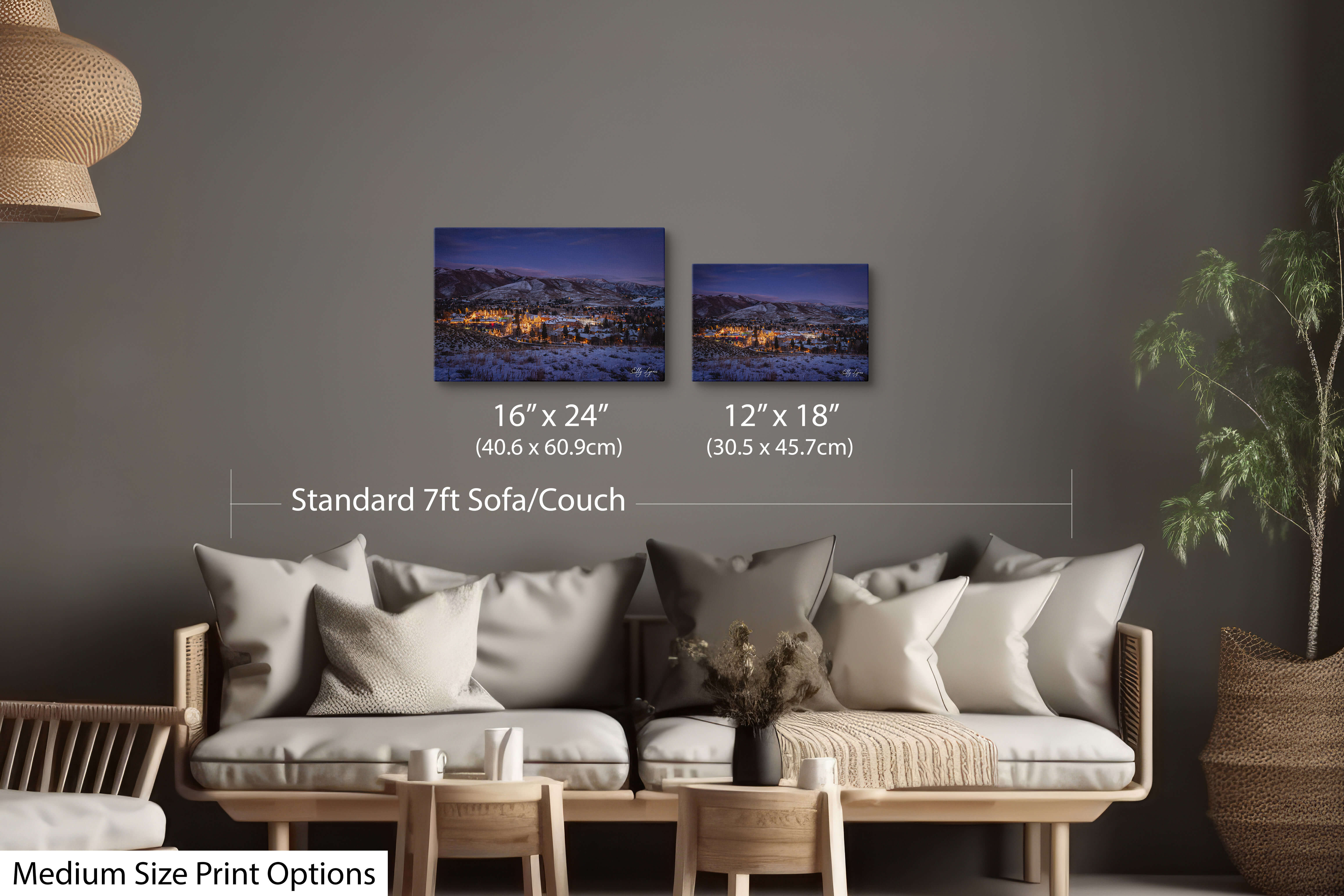Elegant mountain townscape with snow and golden light in living space.