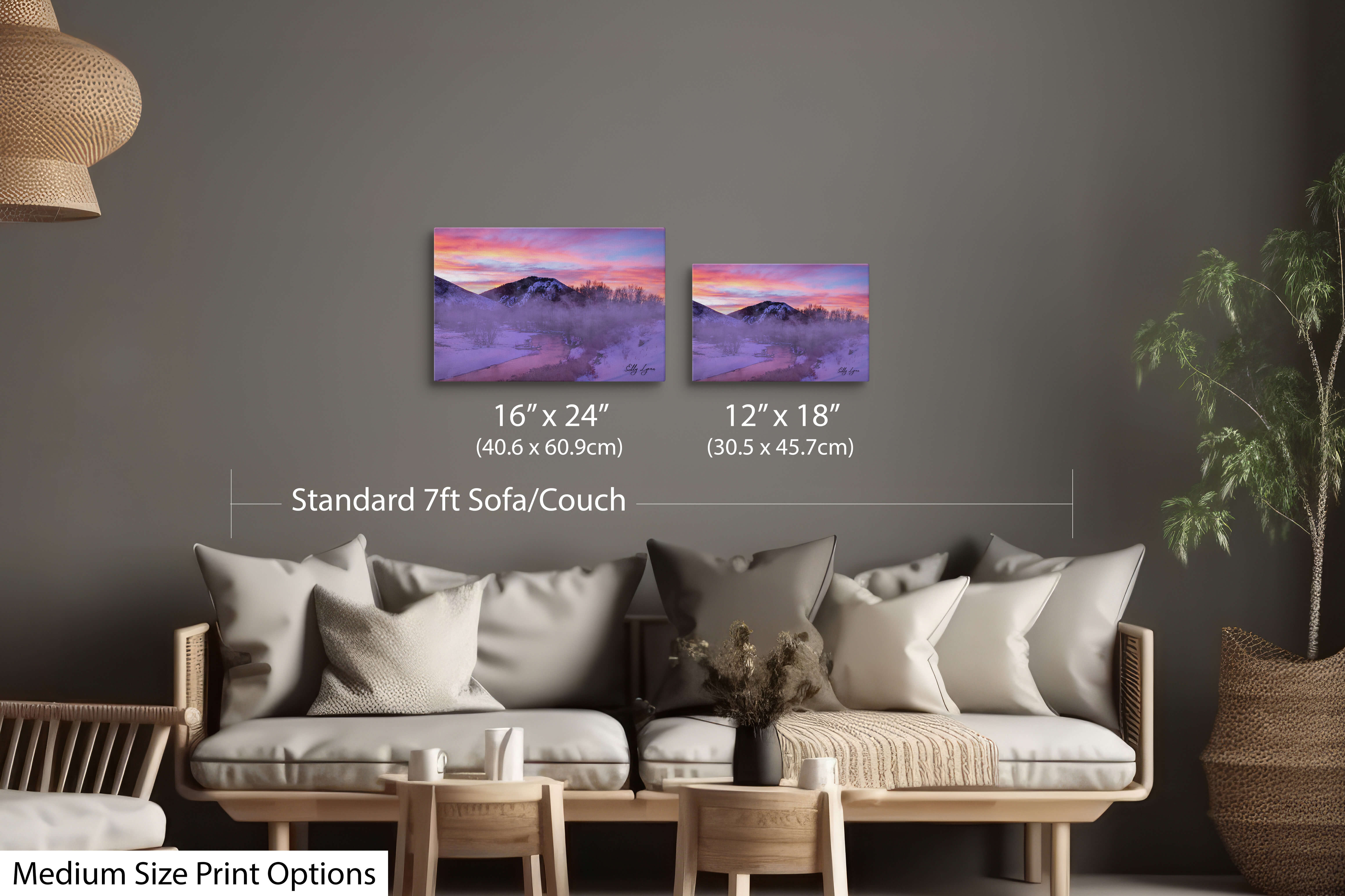 Serene misty river sunrise in cozy living room wall decor.
