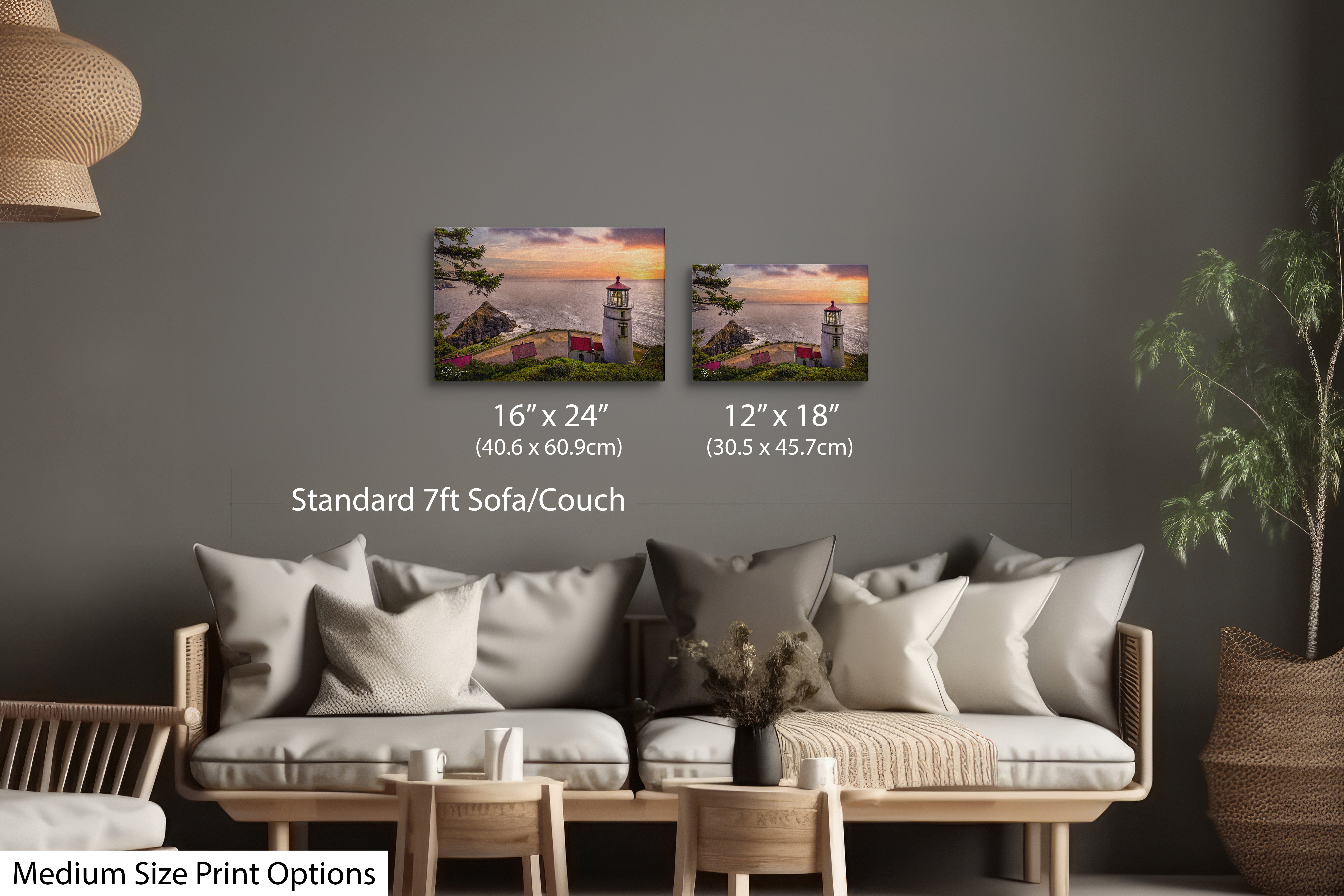 Nautical wall art with lighthouse and seascape paired in a cozy living room.