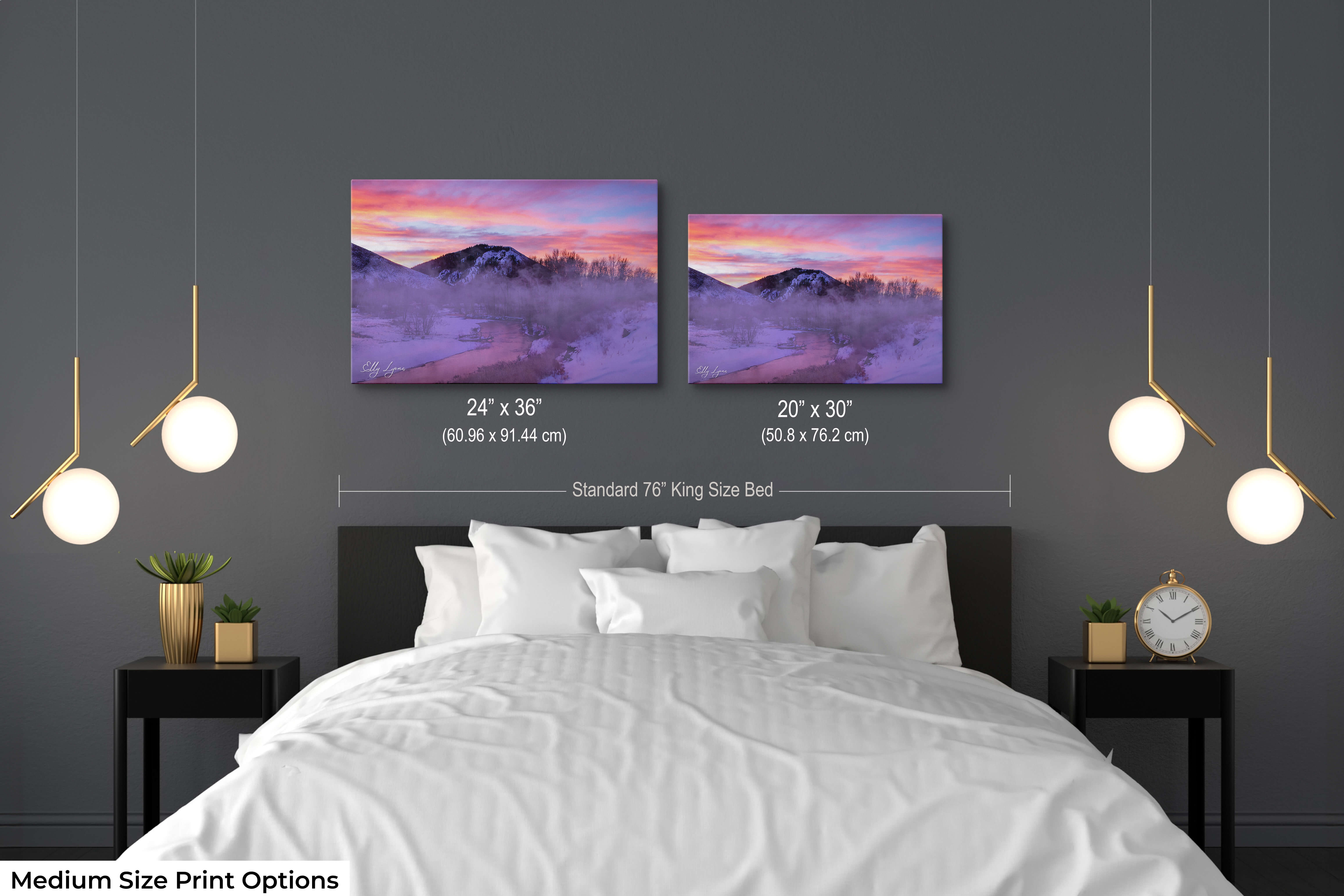 Gentle sunrise and snowy mountain print for tranquil bedroom style.