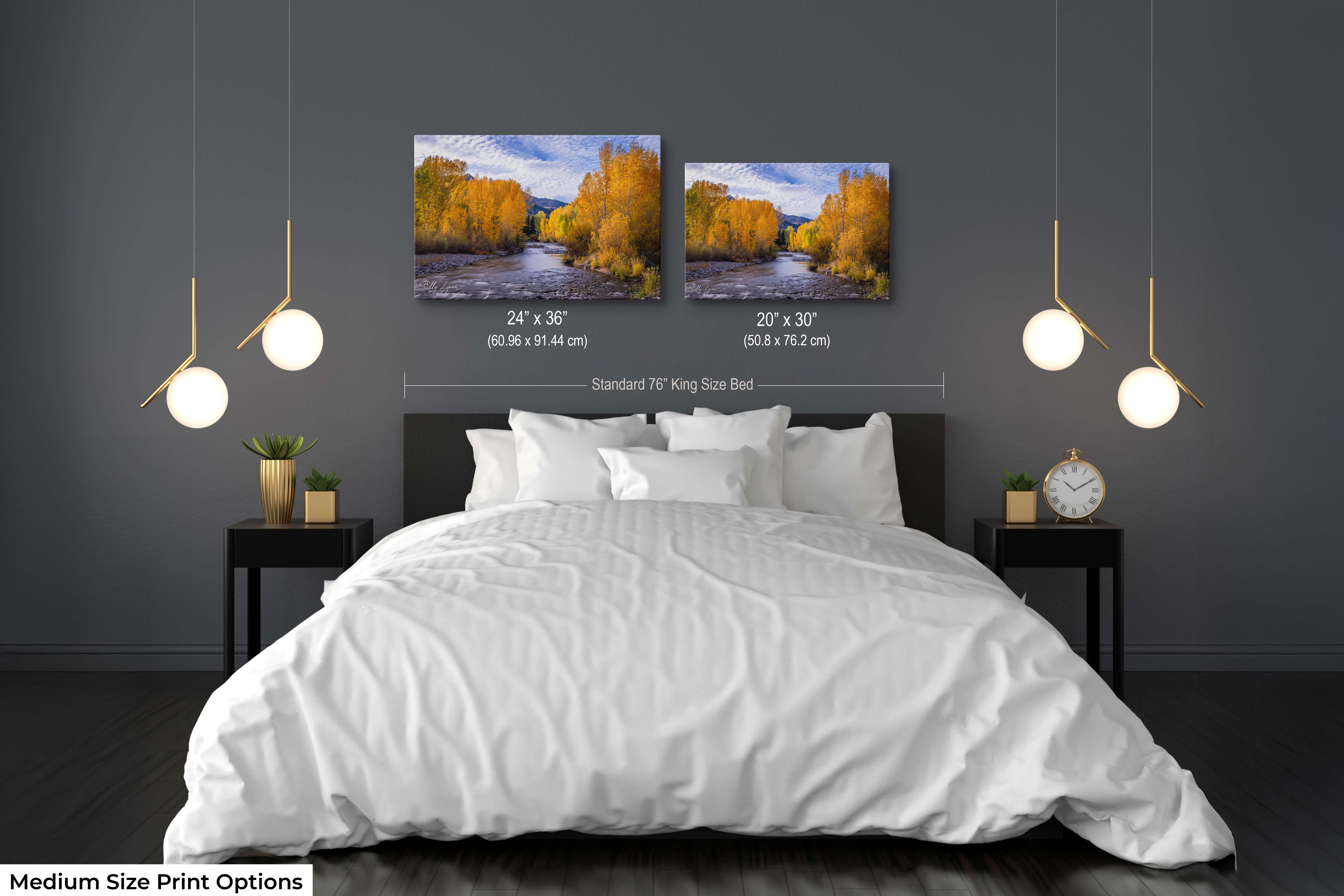 Set of two calming fall prints with flowing water and warm tones for a restful bedroom.