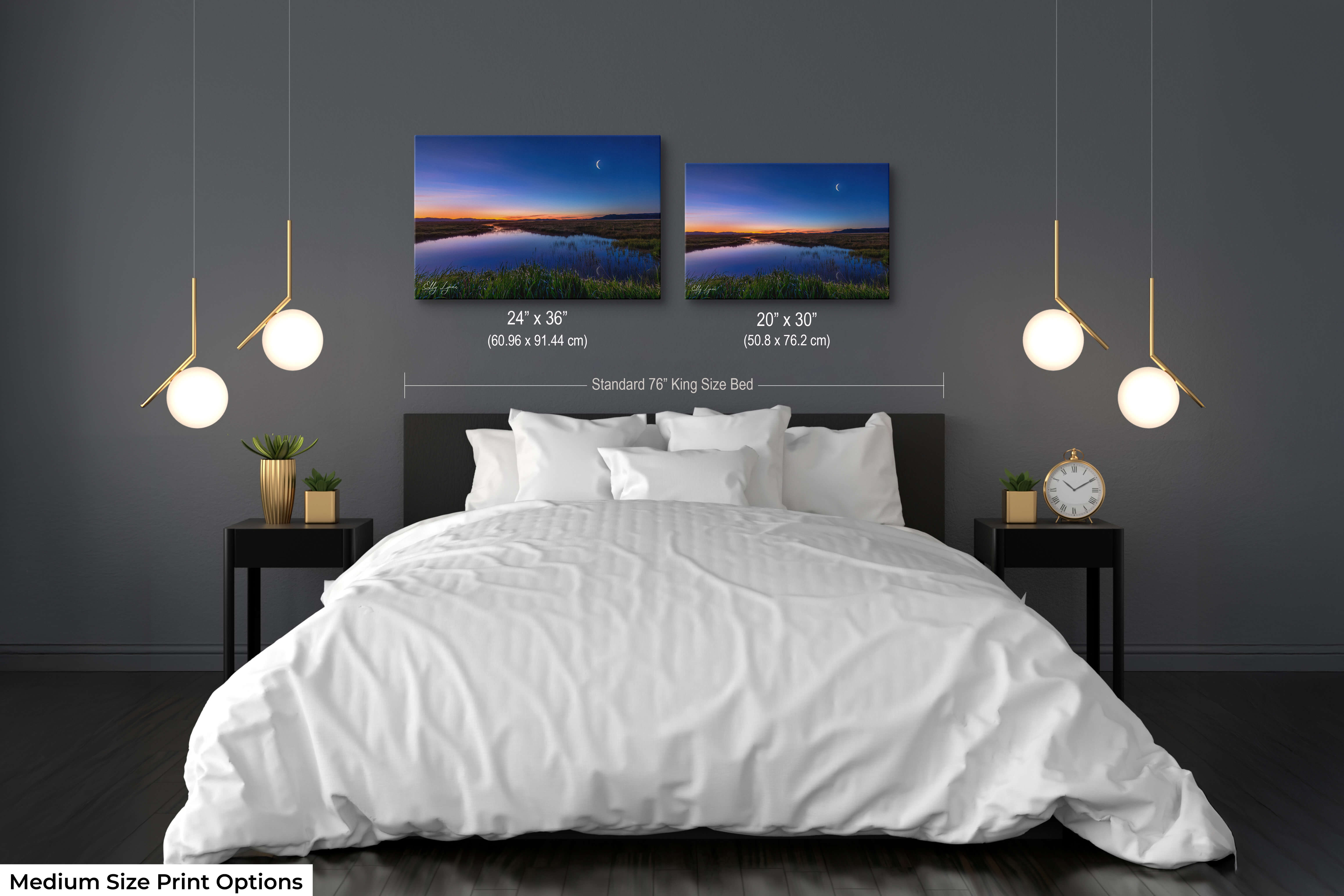 Twilight landscape prints with calming tones of dawn for bedroom tranquility.