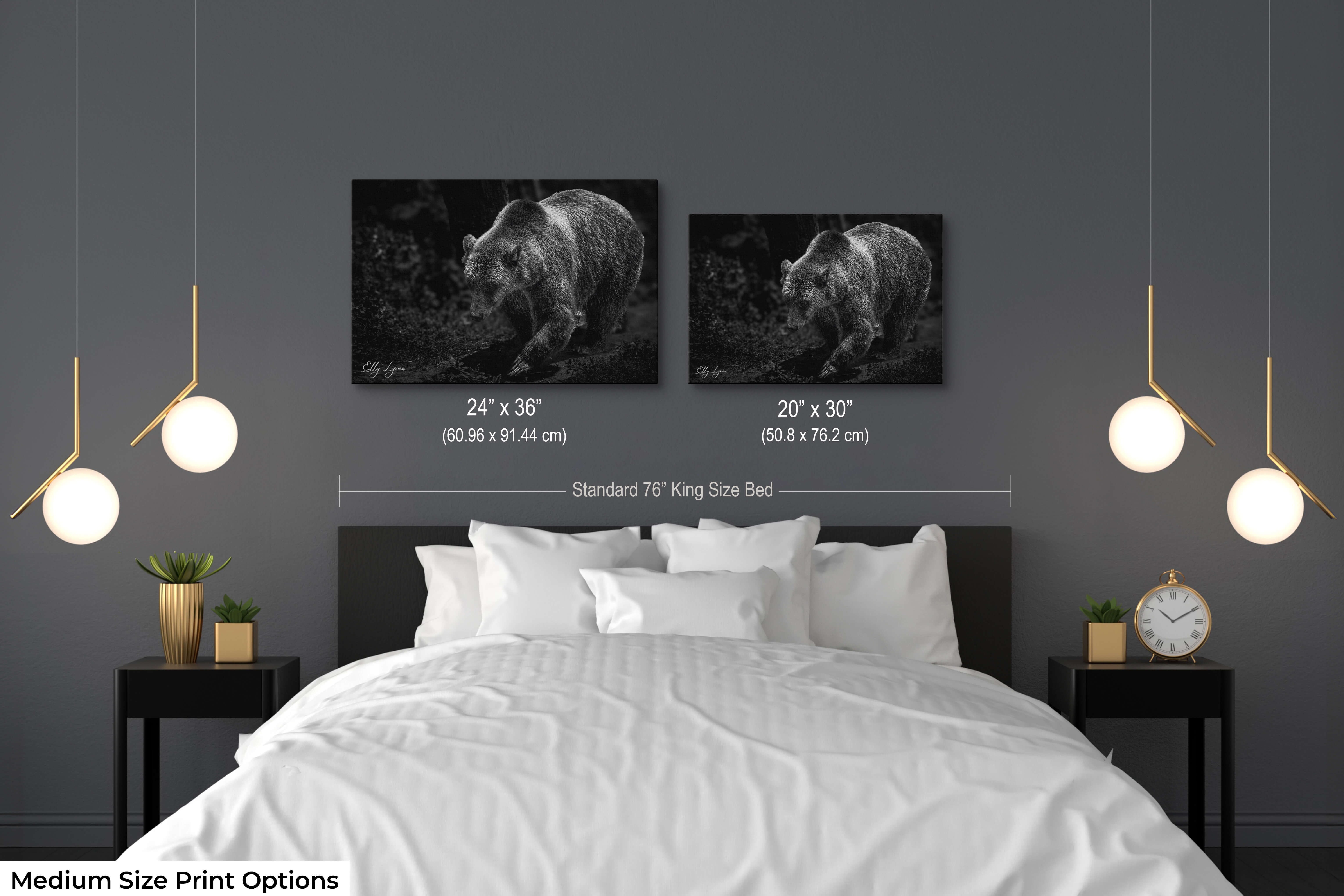Modern bedroom wall mockup with medium-size grizzly bear prints from 'The Untamed Spirit' collection, positioned above a king bed for scale reference.