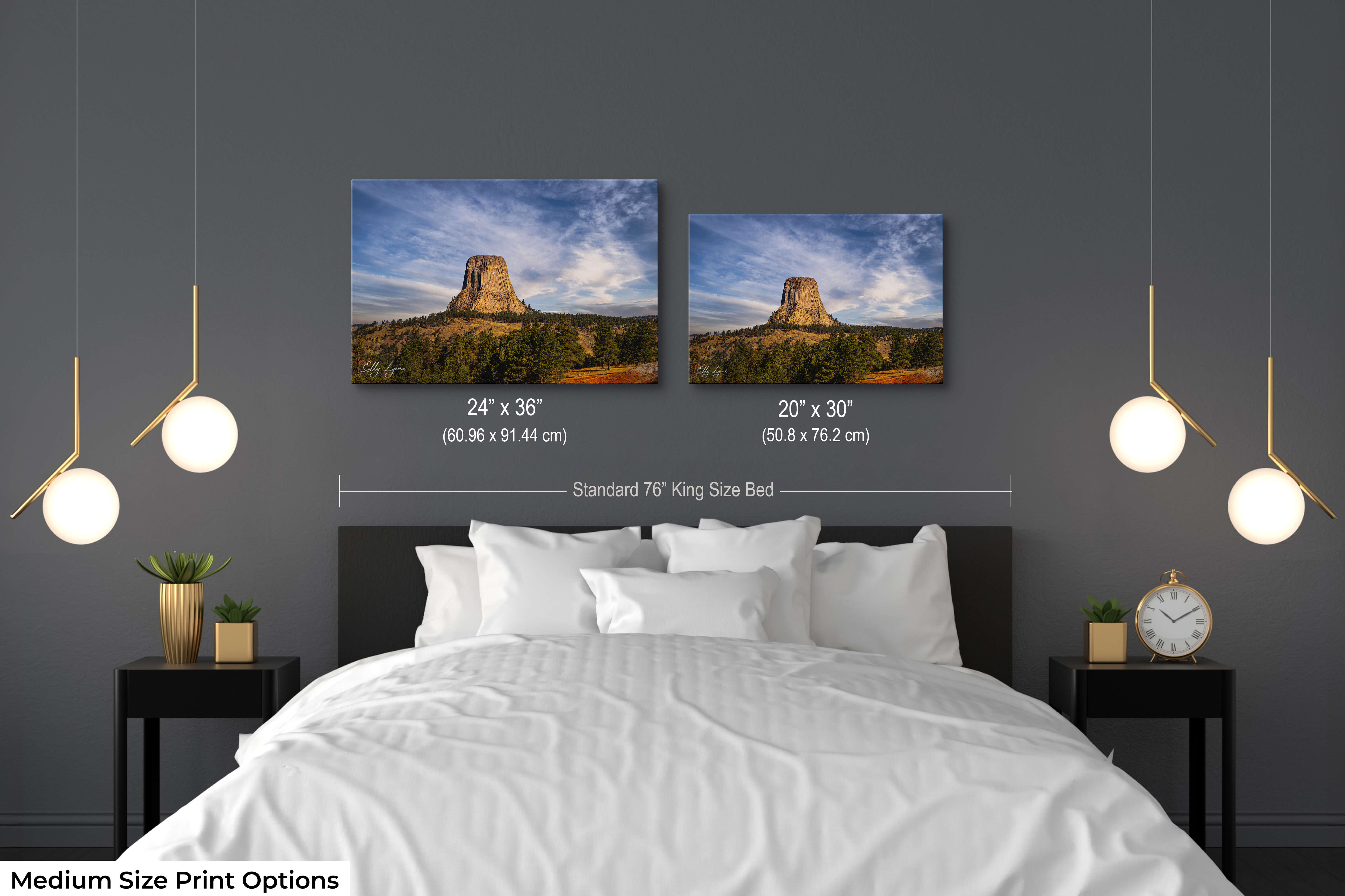Devil’s Tower wall art shown in 20x30 and 24x36 inches above a king-sized bed in an elegant bedroom space.