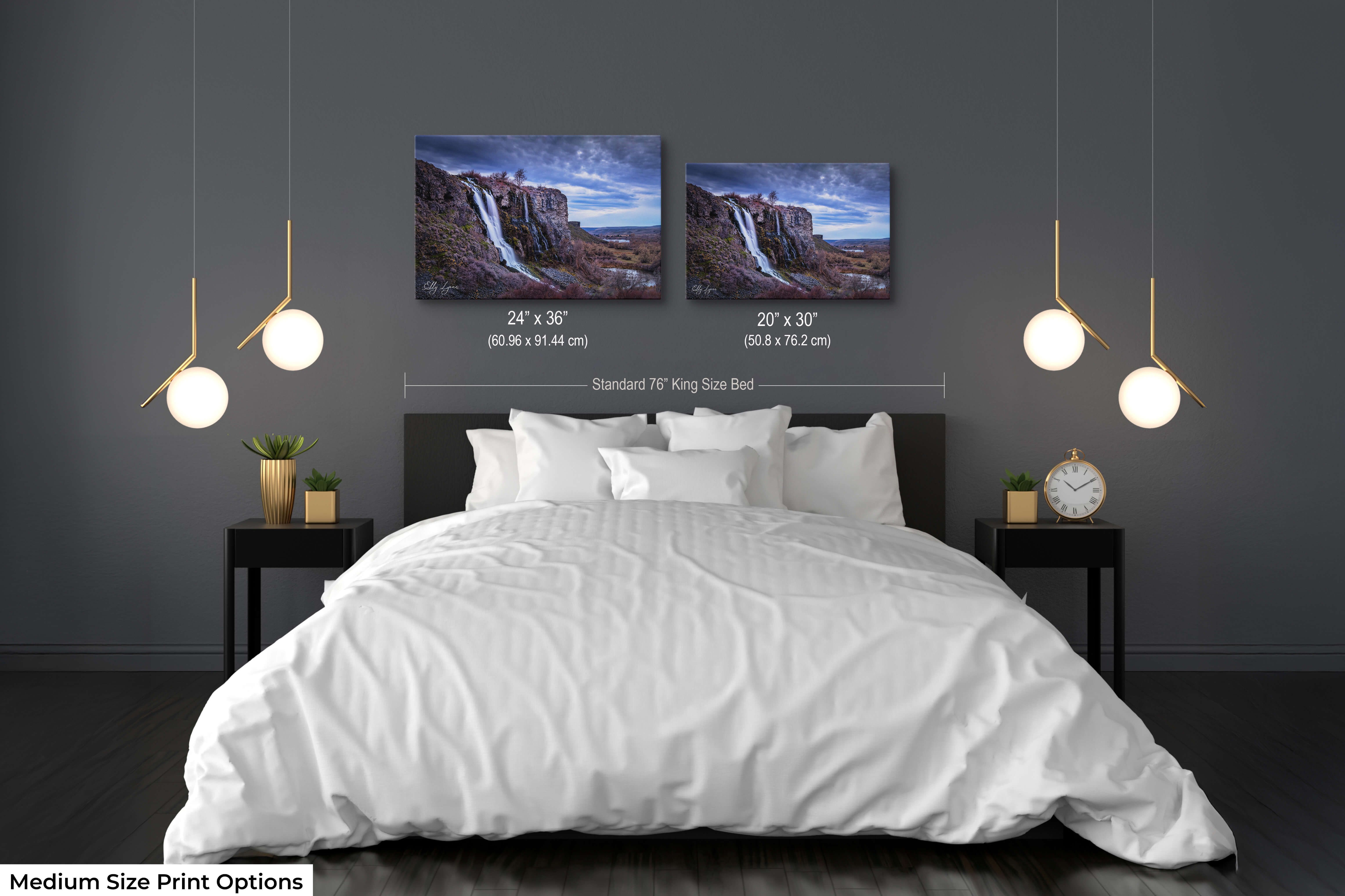 Contemporary bedroom setup featuring medium Ritter Island prints above a king-size bed to show visual scale.