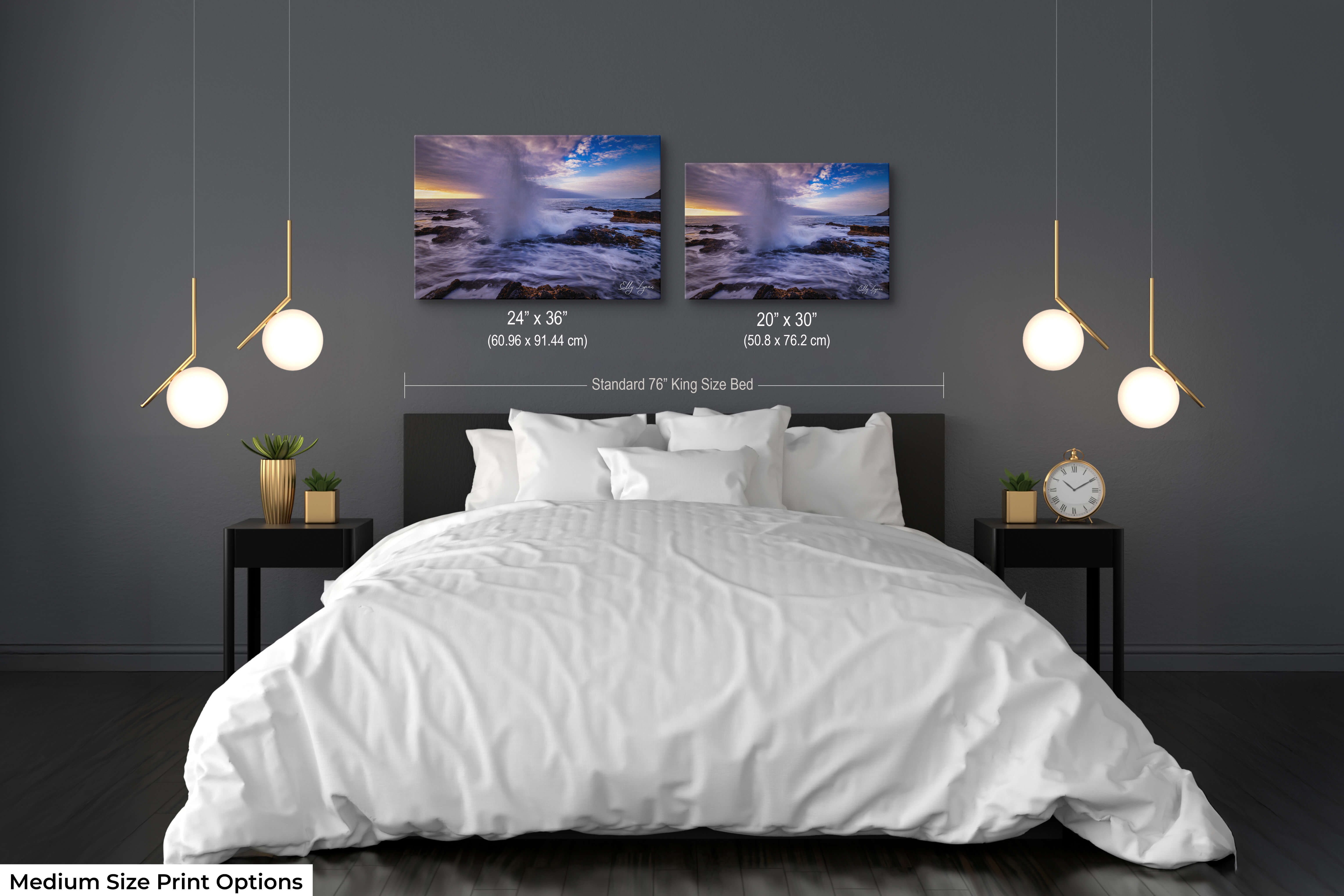Coastal wave and ocean splash artwork arranged above bed in peaceful setting.