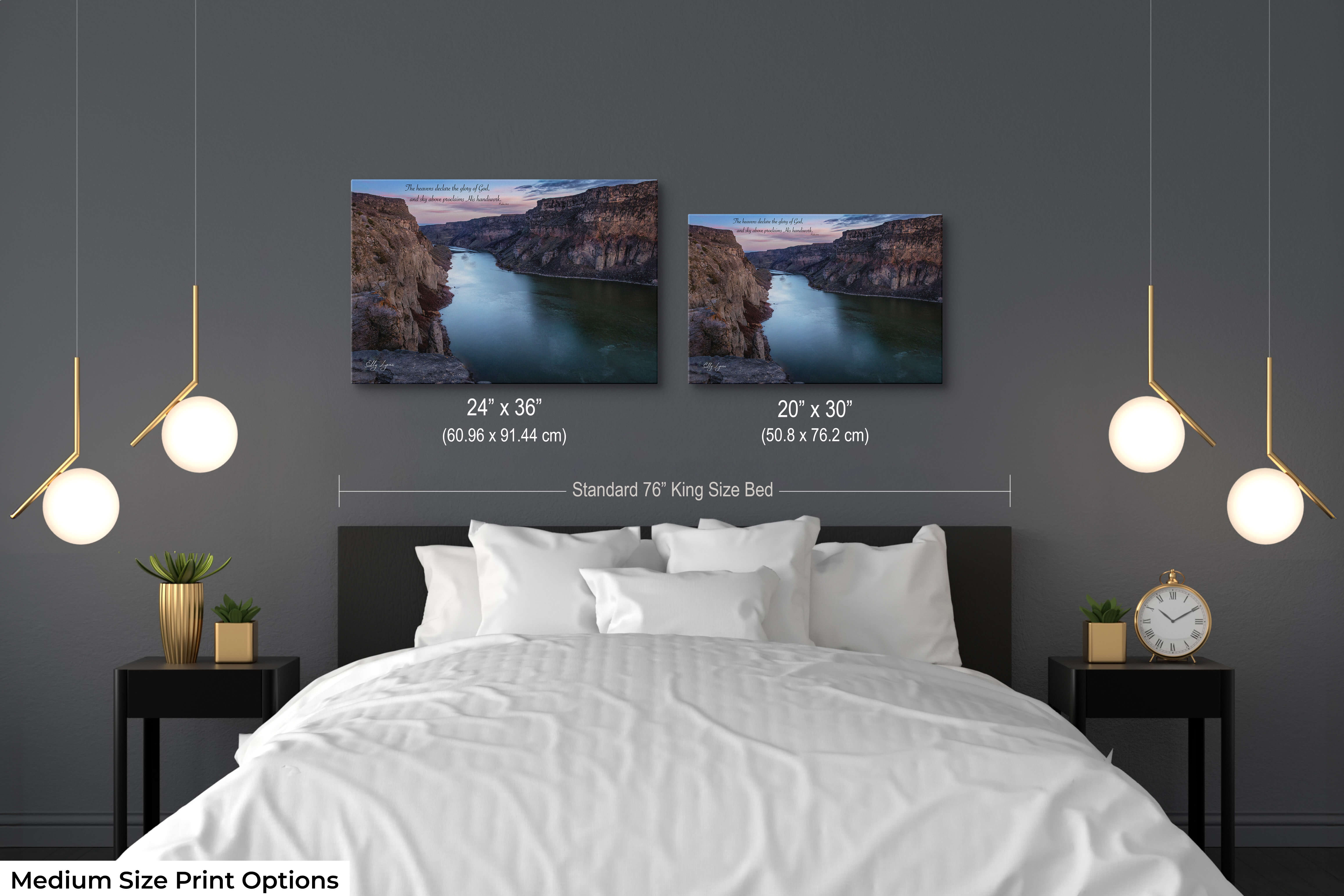 Two Christian medium-sized prints of Snake River Canyon with scripture, styled in a cozy bedroom.
