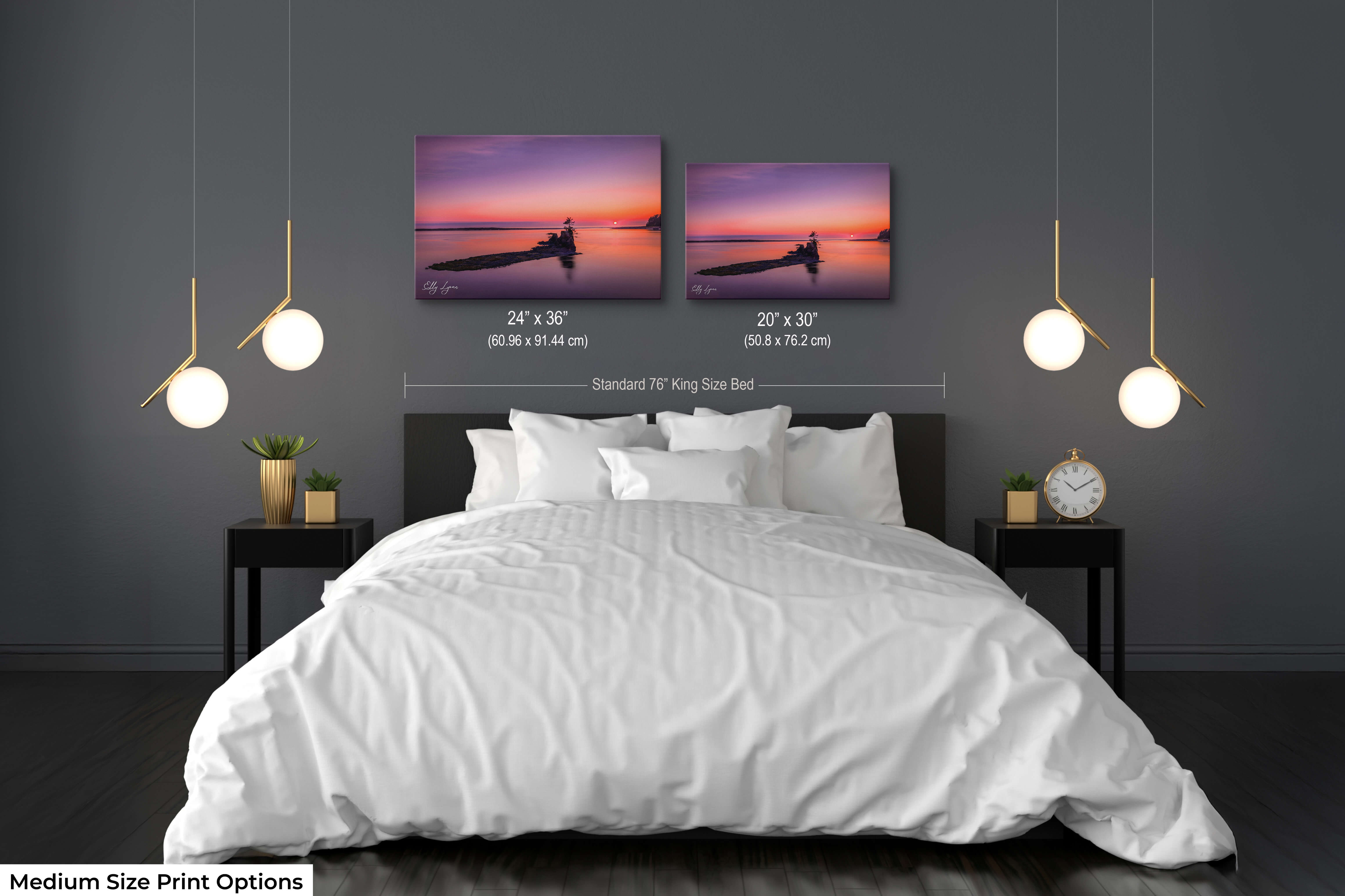 Minimalist coastal scenes as paired medium wall prints above a peaceful bed space.