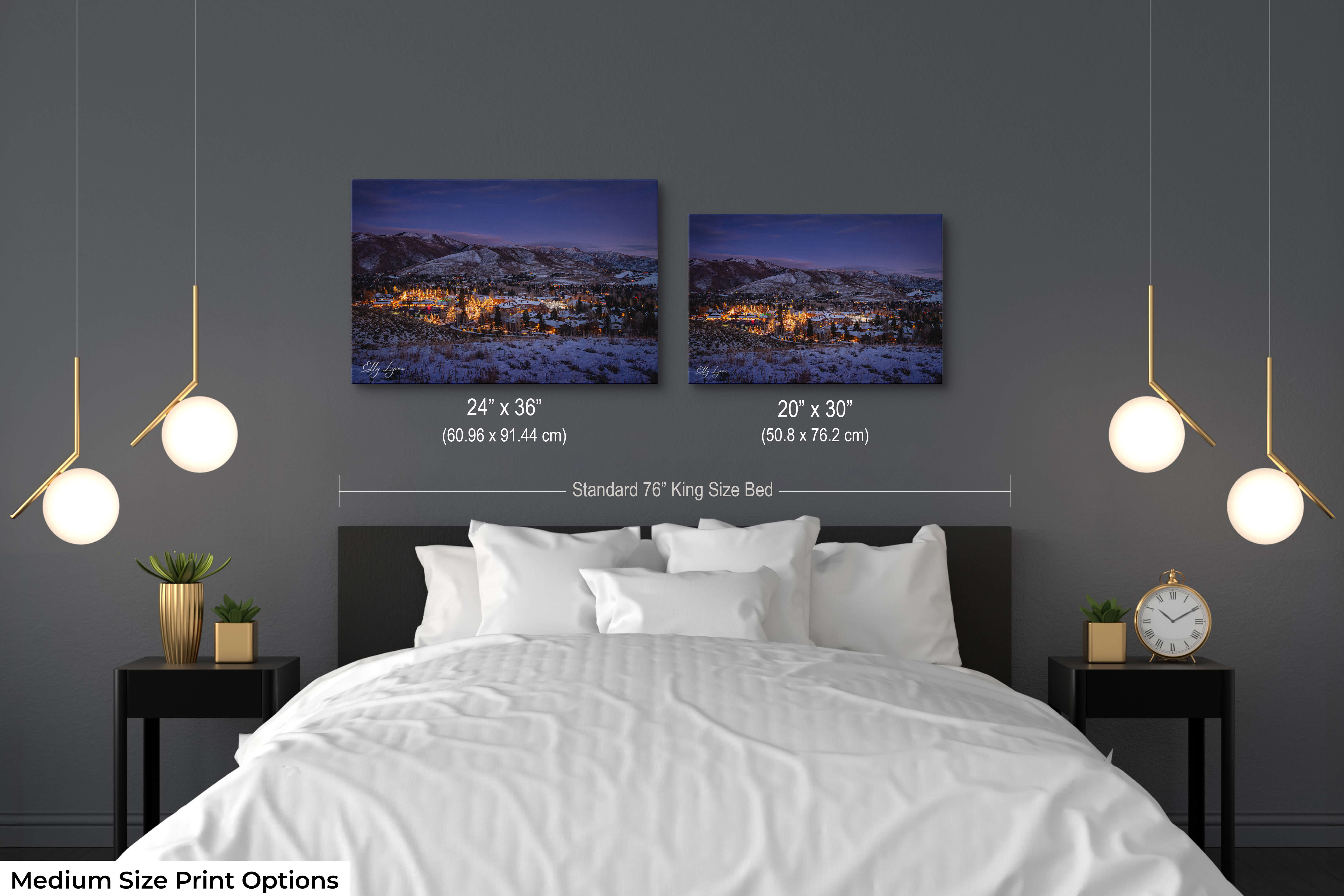 Tranquil snowy village at dusk, perfect for bedroom wall decor.