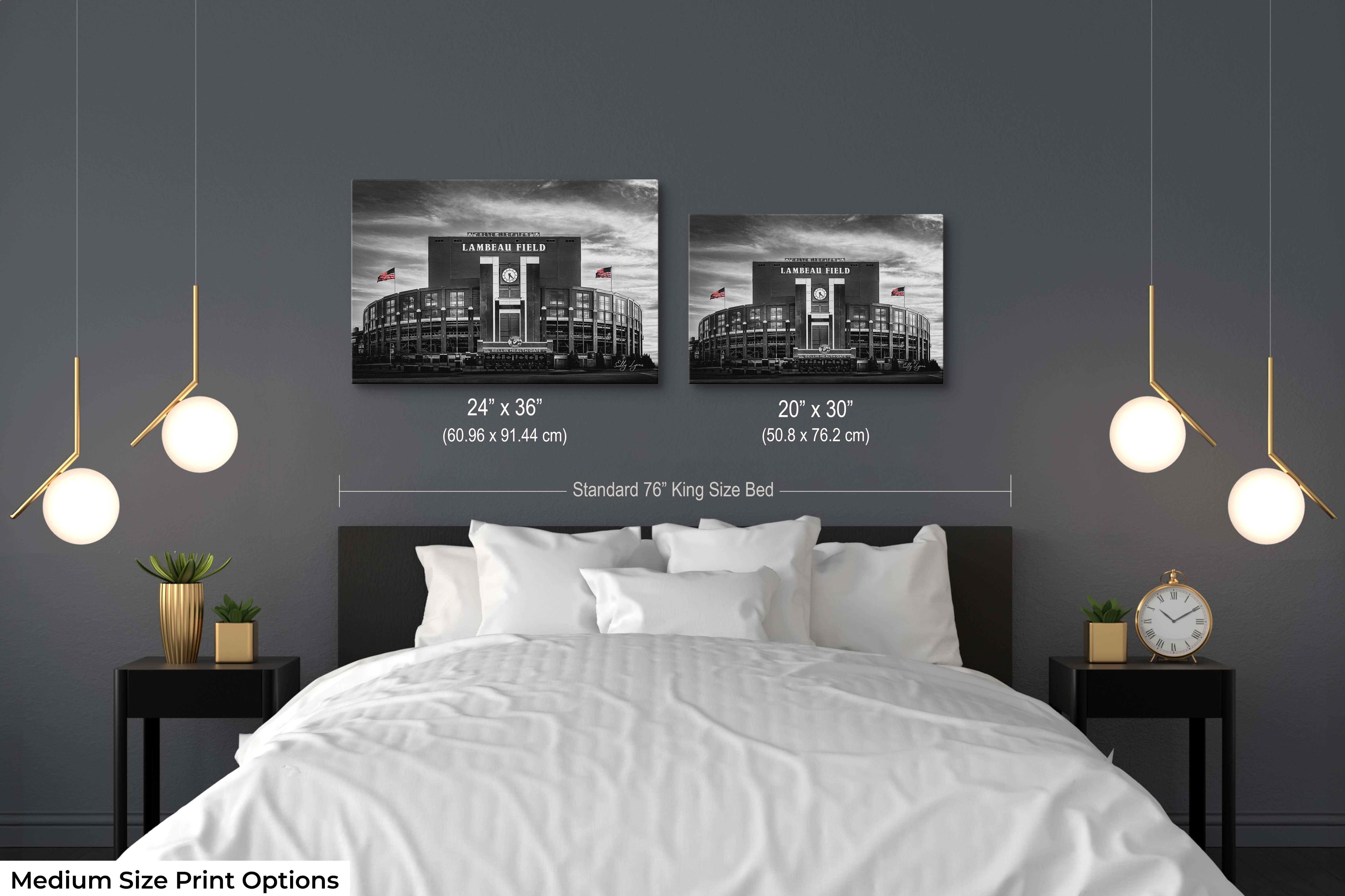 Medium Size Prints in Modern Bedroom – Lambeau Field print in two medium size options above a king-size bed with contemporary decor, illustrating sizing above headboard.