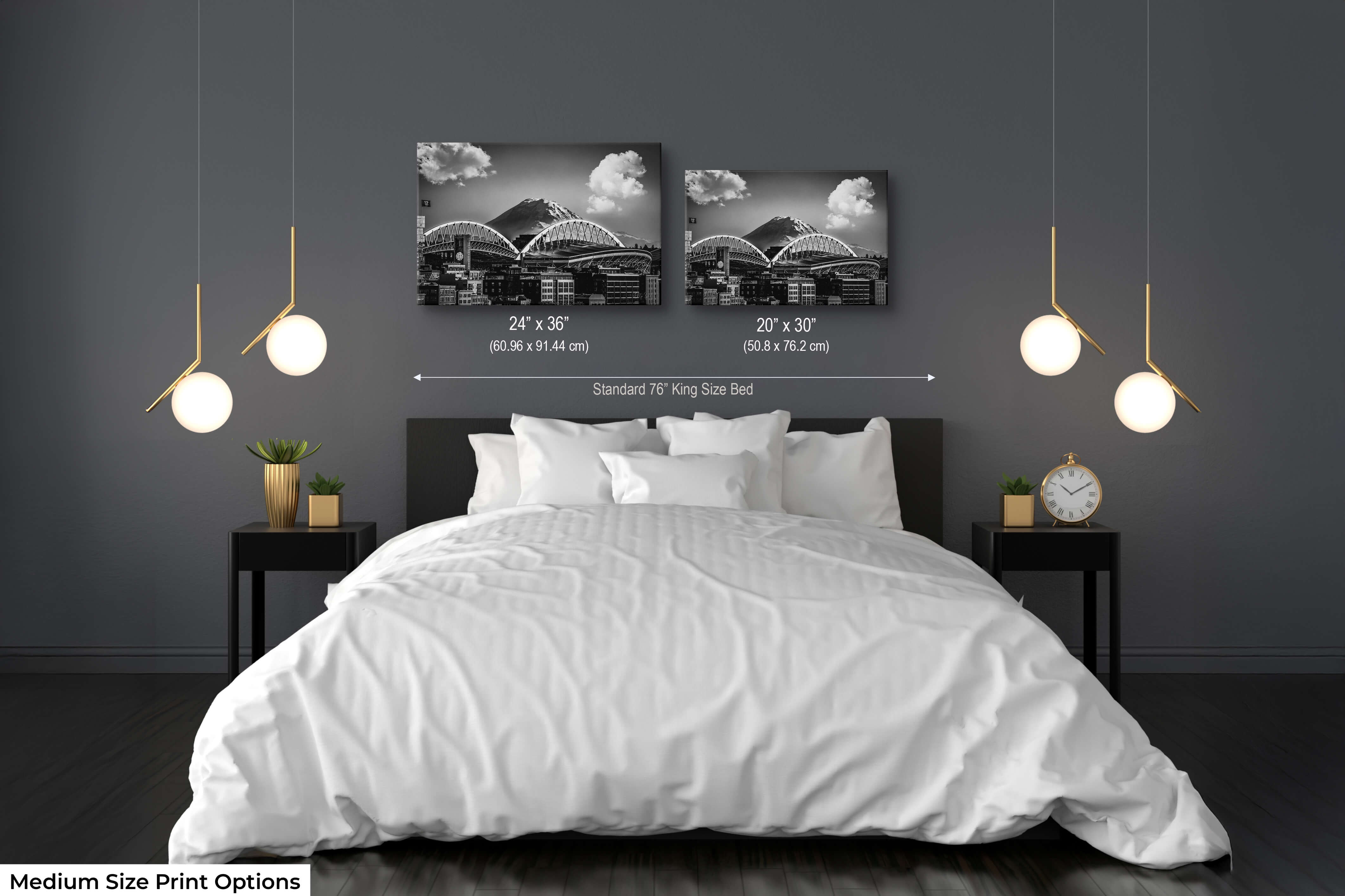 Modern bedroom with medium Lumen Field and Rainier prints in black and white above a king bed for décor inspiration.