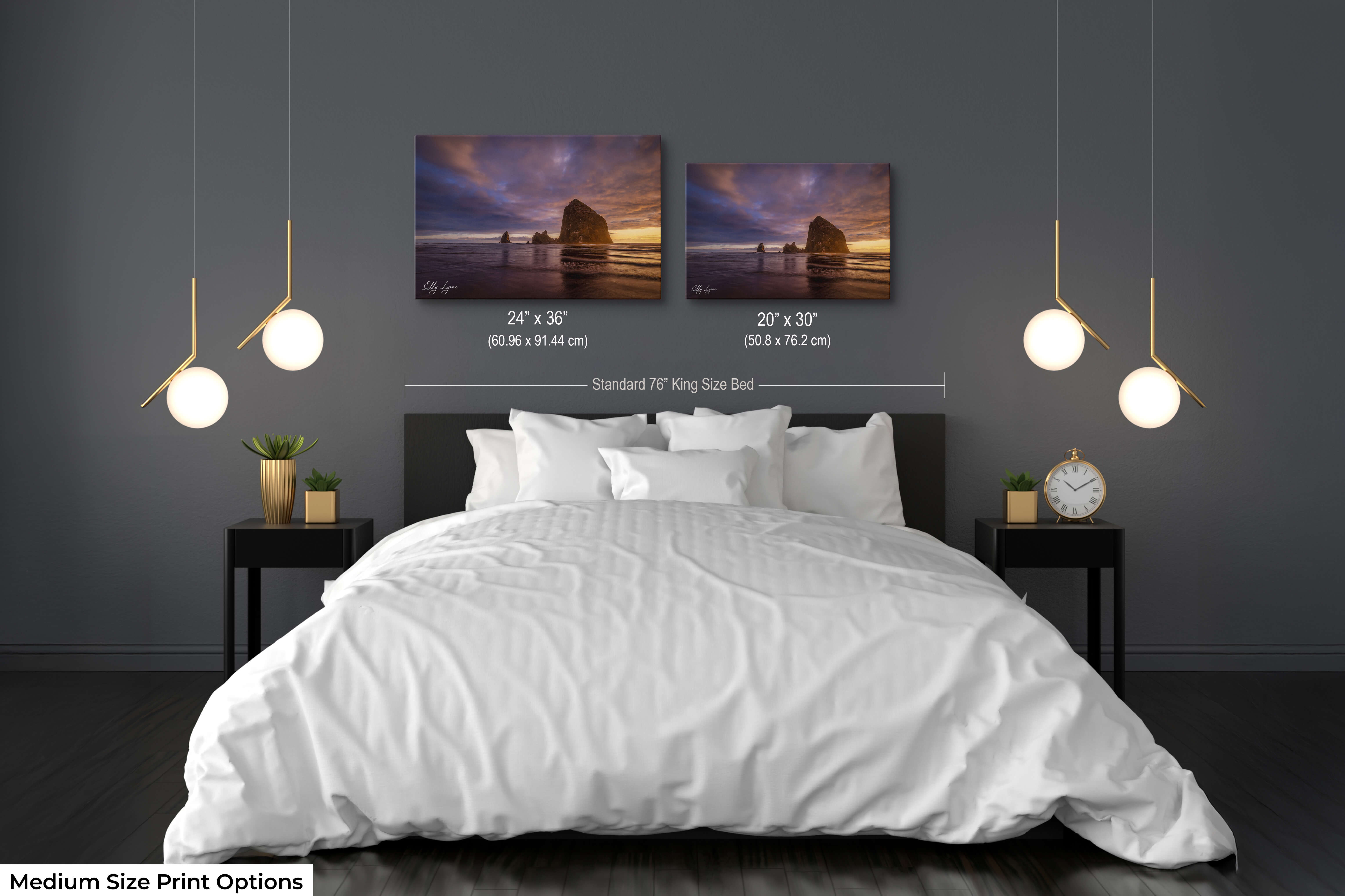 Medium Haystack Rock coastal prints over a bed, styled for peaceful coastal décor.