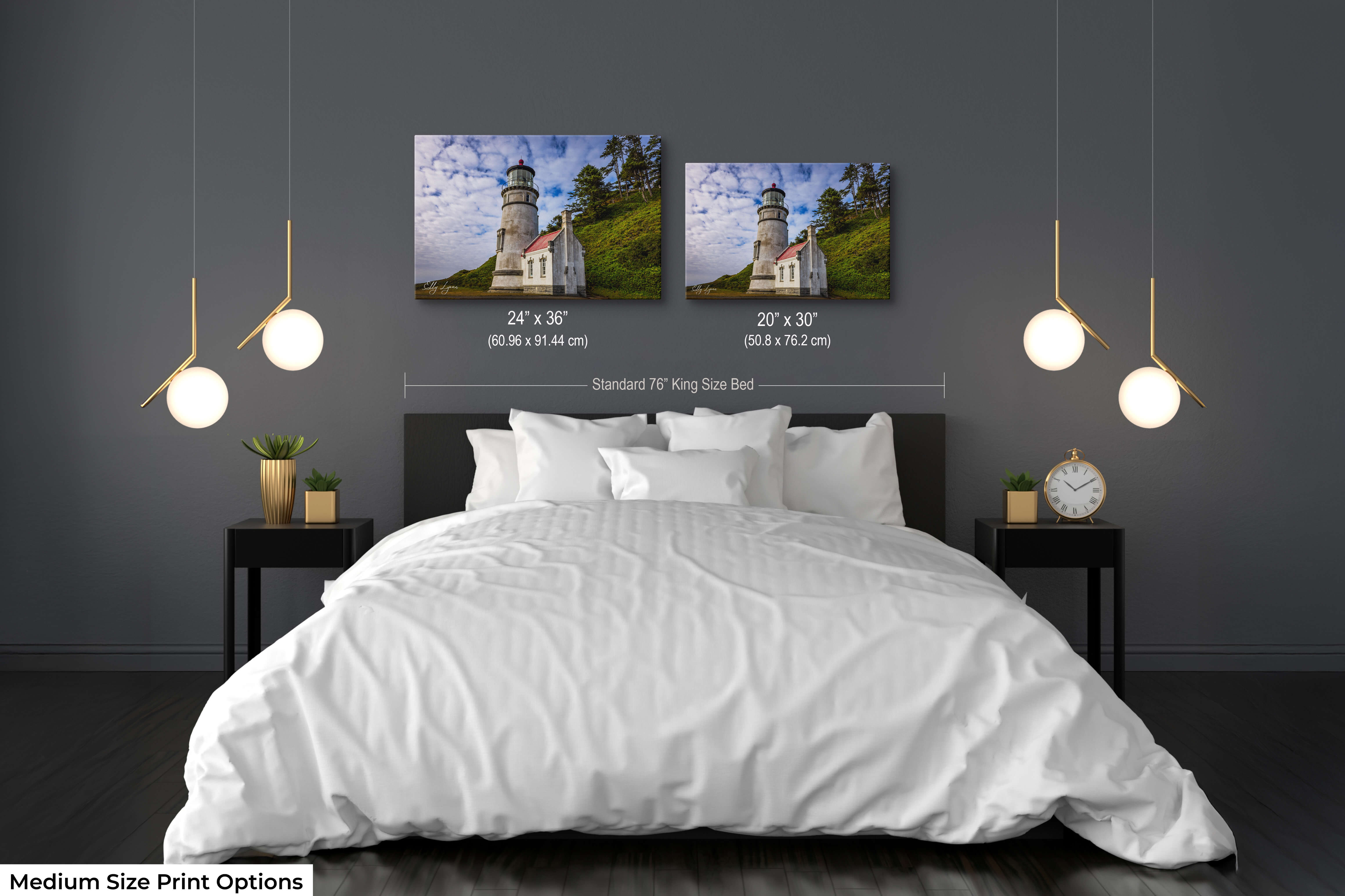 Peaceful coastal lighthouse prints styled as matching bedroom wall decor.