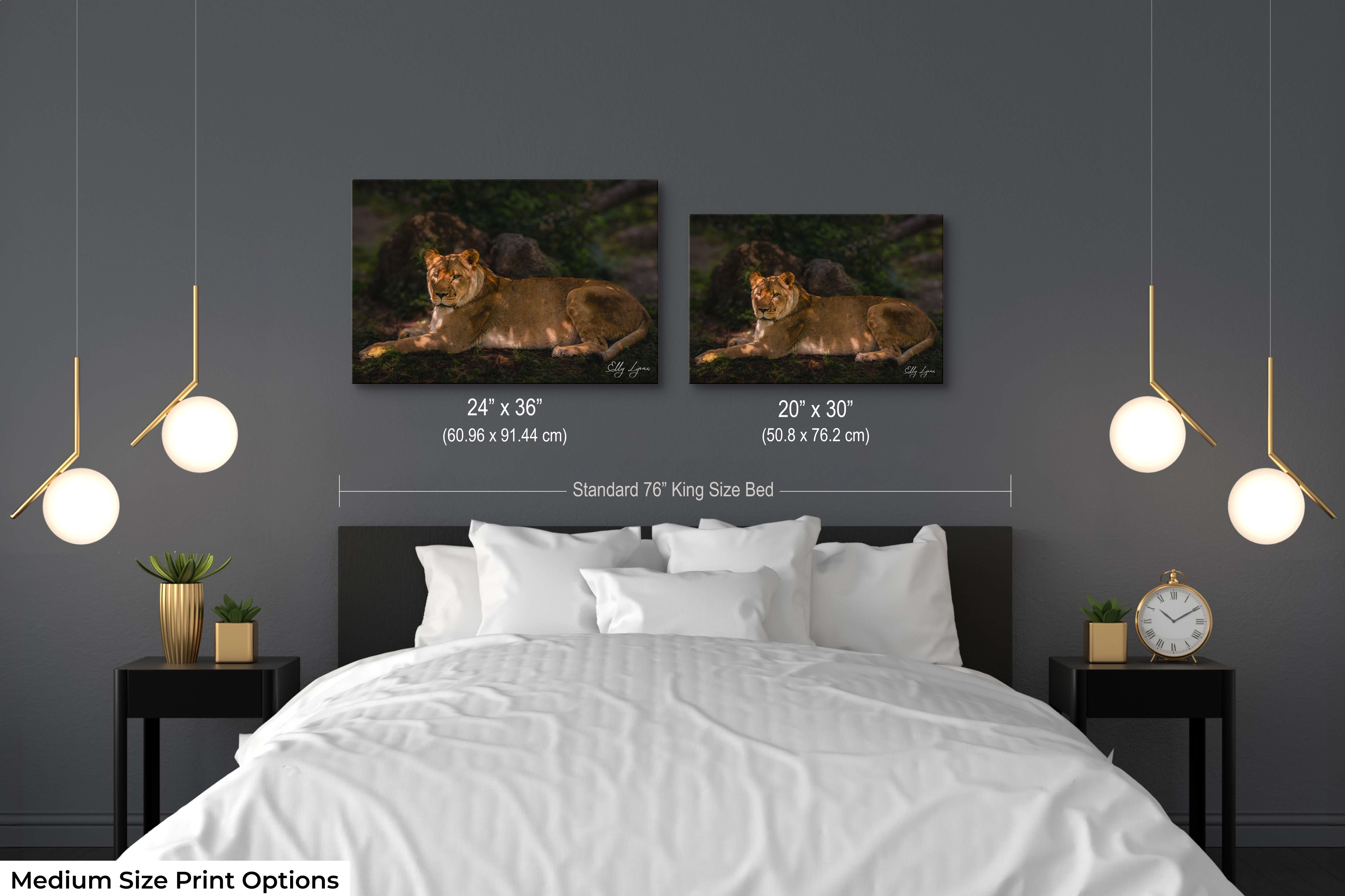 Medium prints of an African lioness above a king-sized bed in a luxury neutral bedroom."