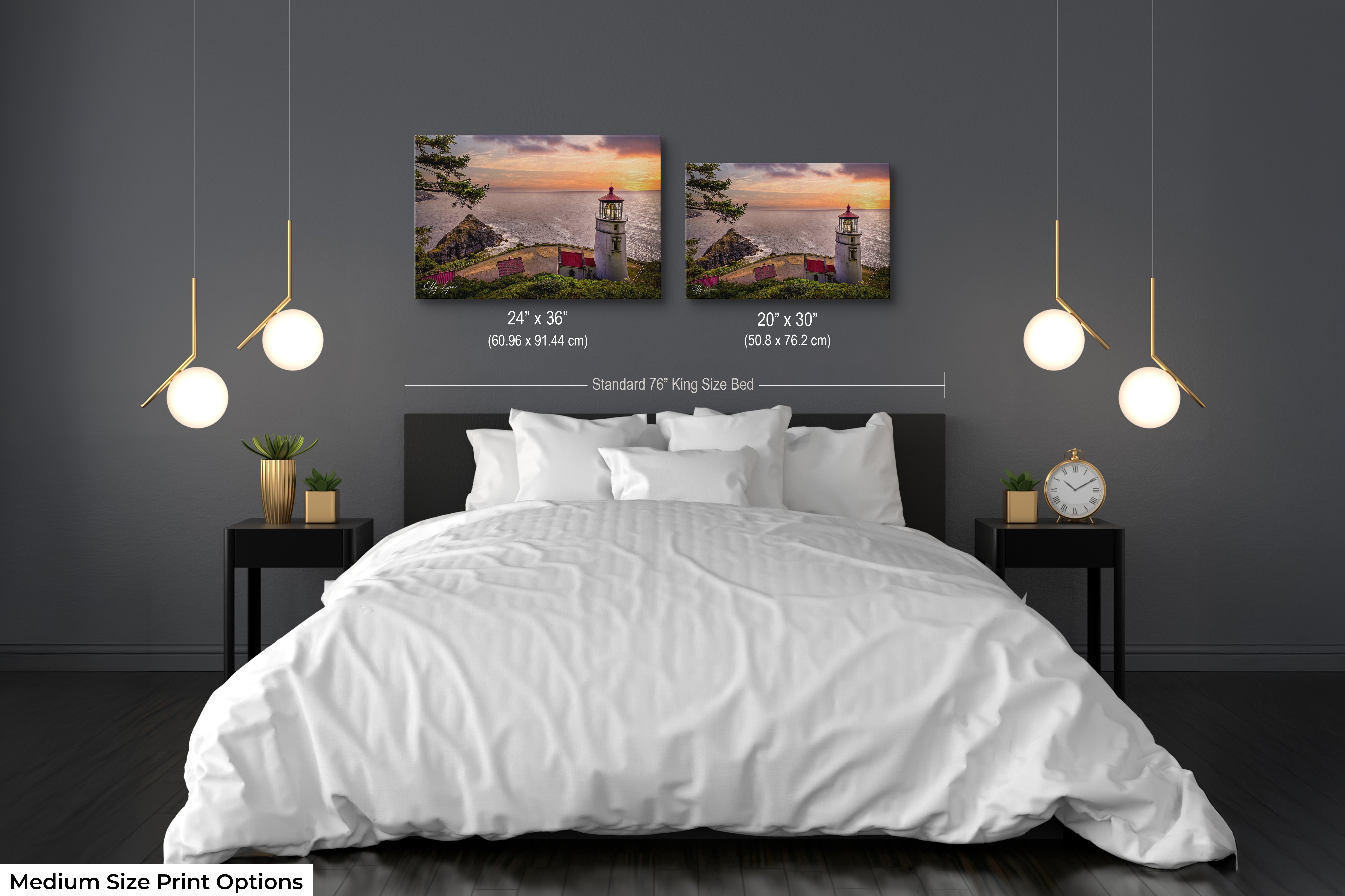 Oceanview lighthouse print styled as part of a serene bedroom gallery wall.