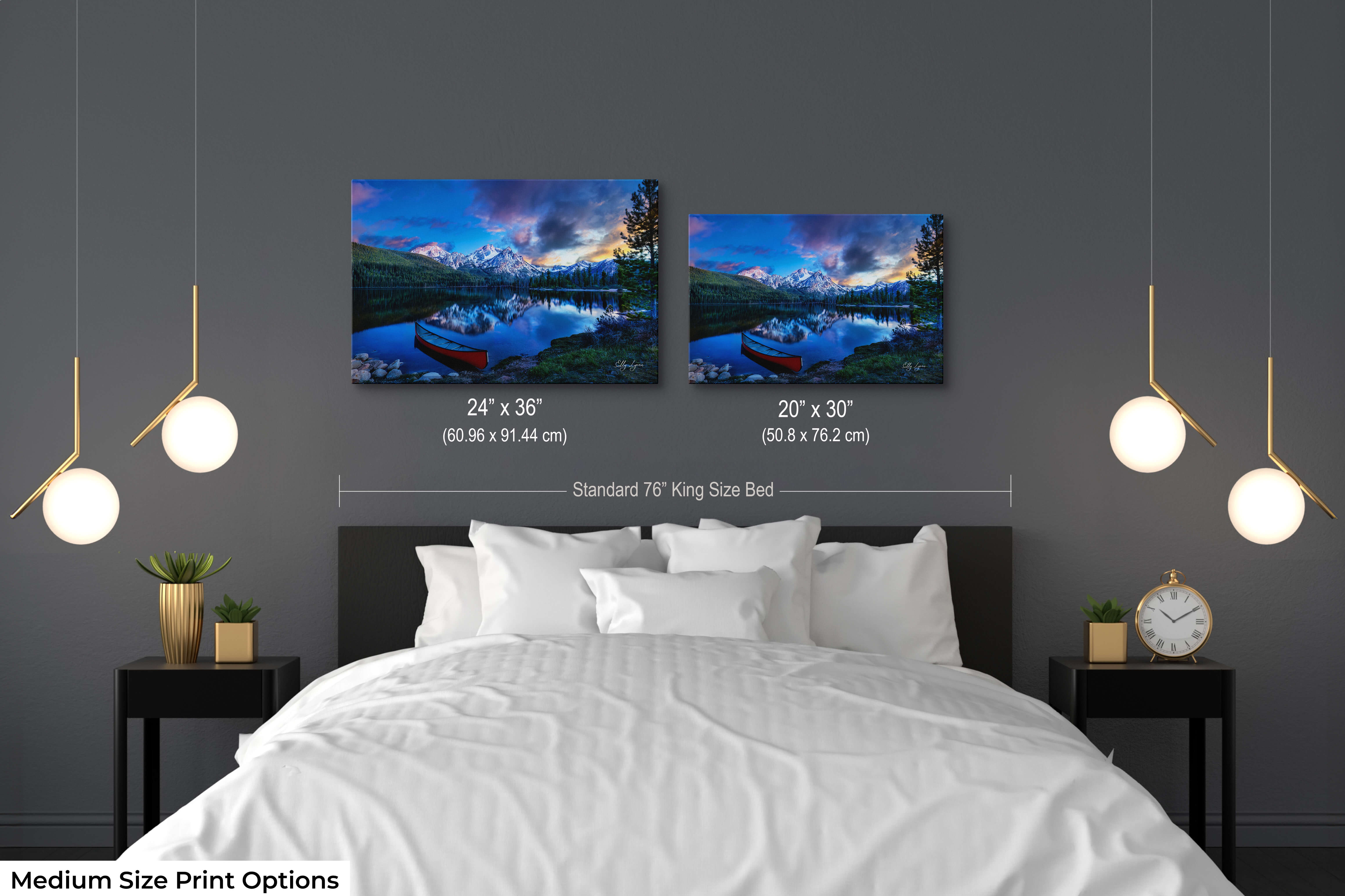 Still water and rugged peaks bring calming faith-based decor to bedroom space.