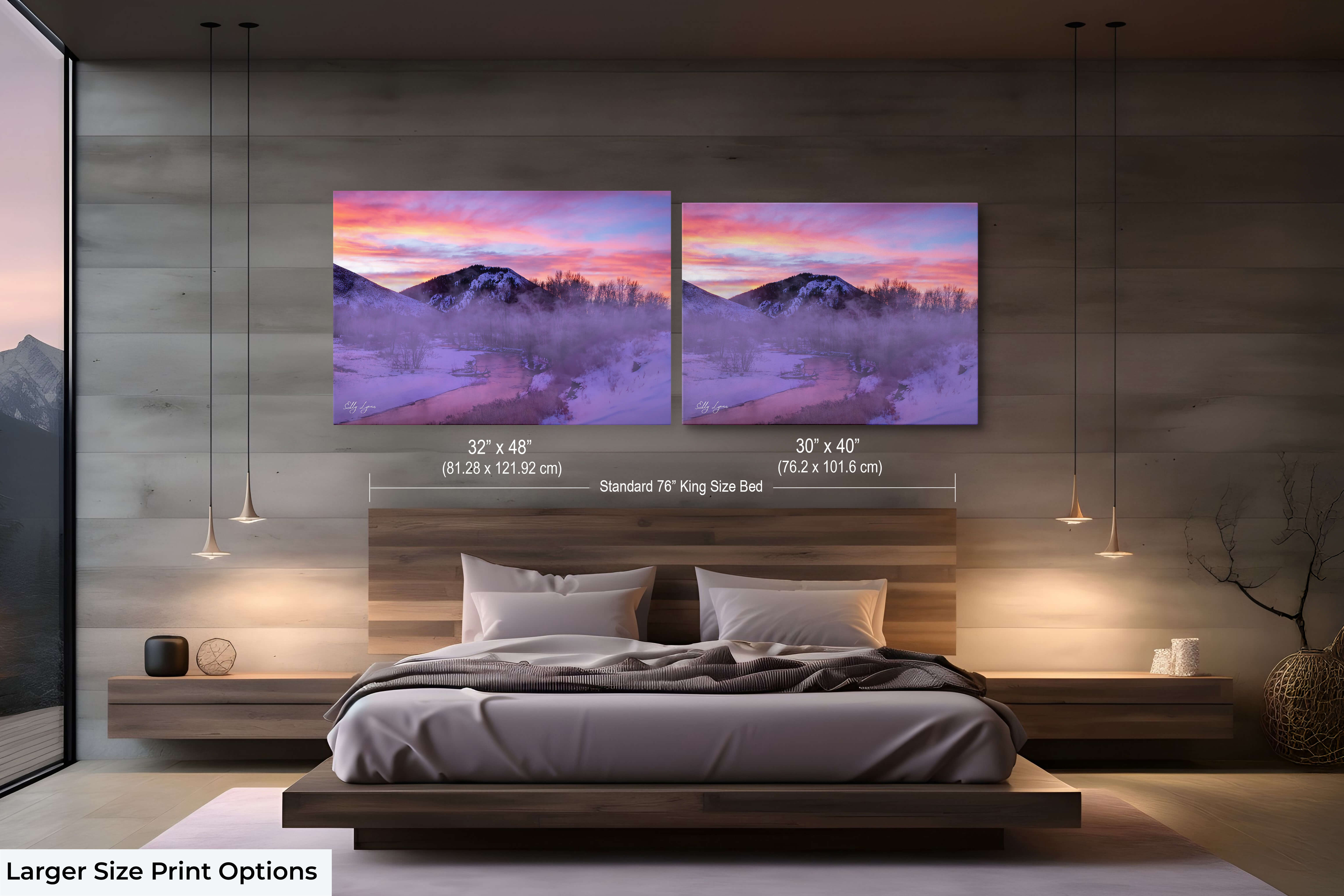 Large pastel sky and foggy river winter art in restful bedroom decor.