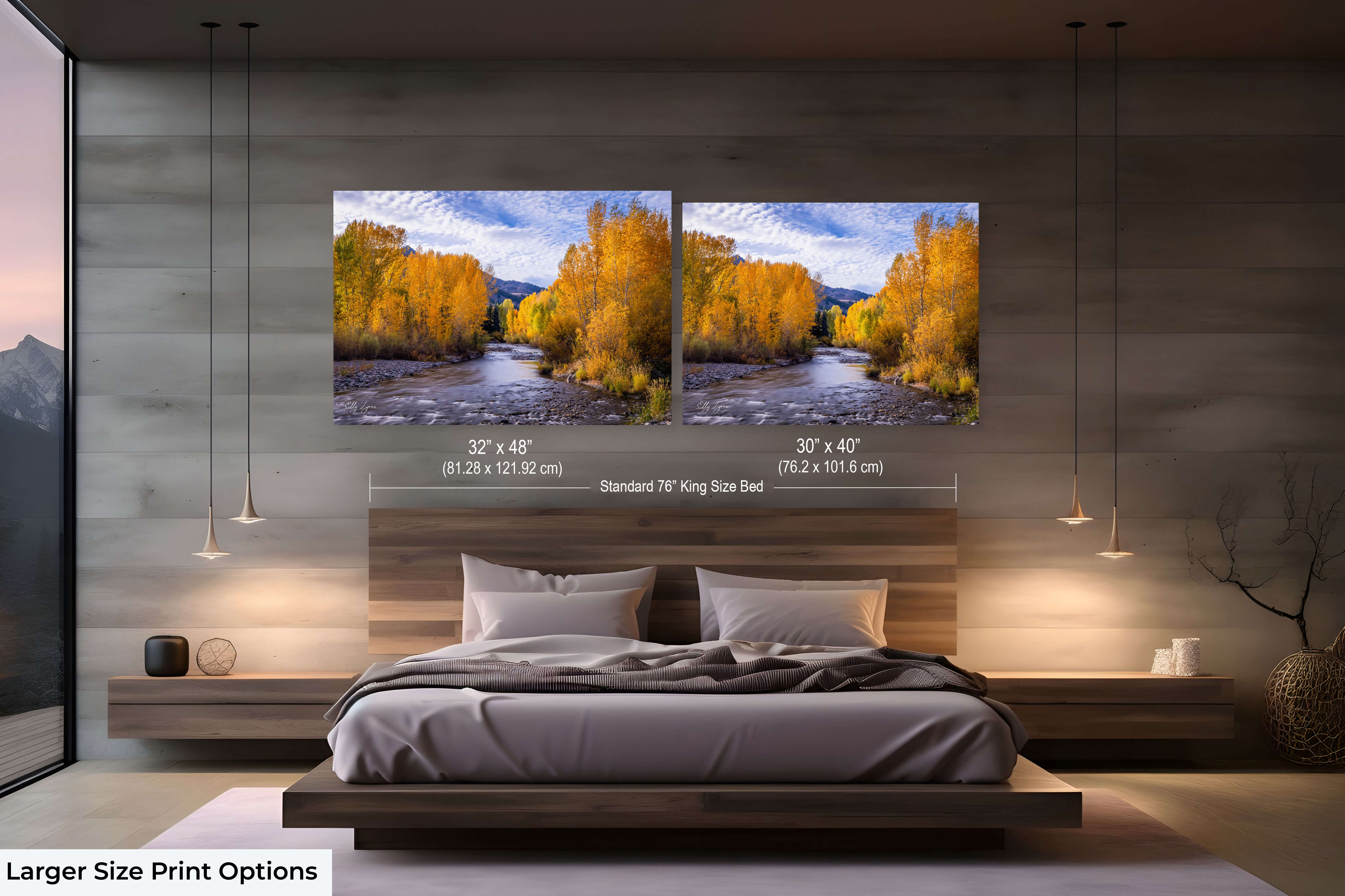 Two large nature prints with golden trees and mountain scenery at the peak of fall.