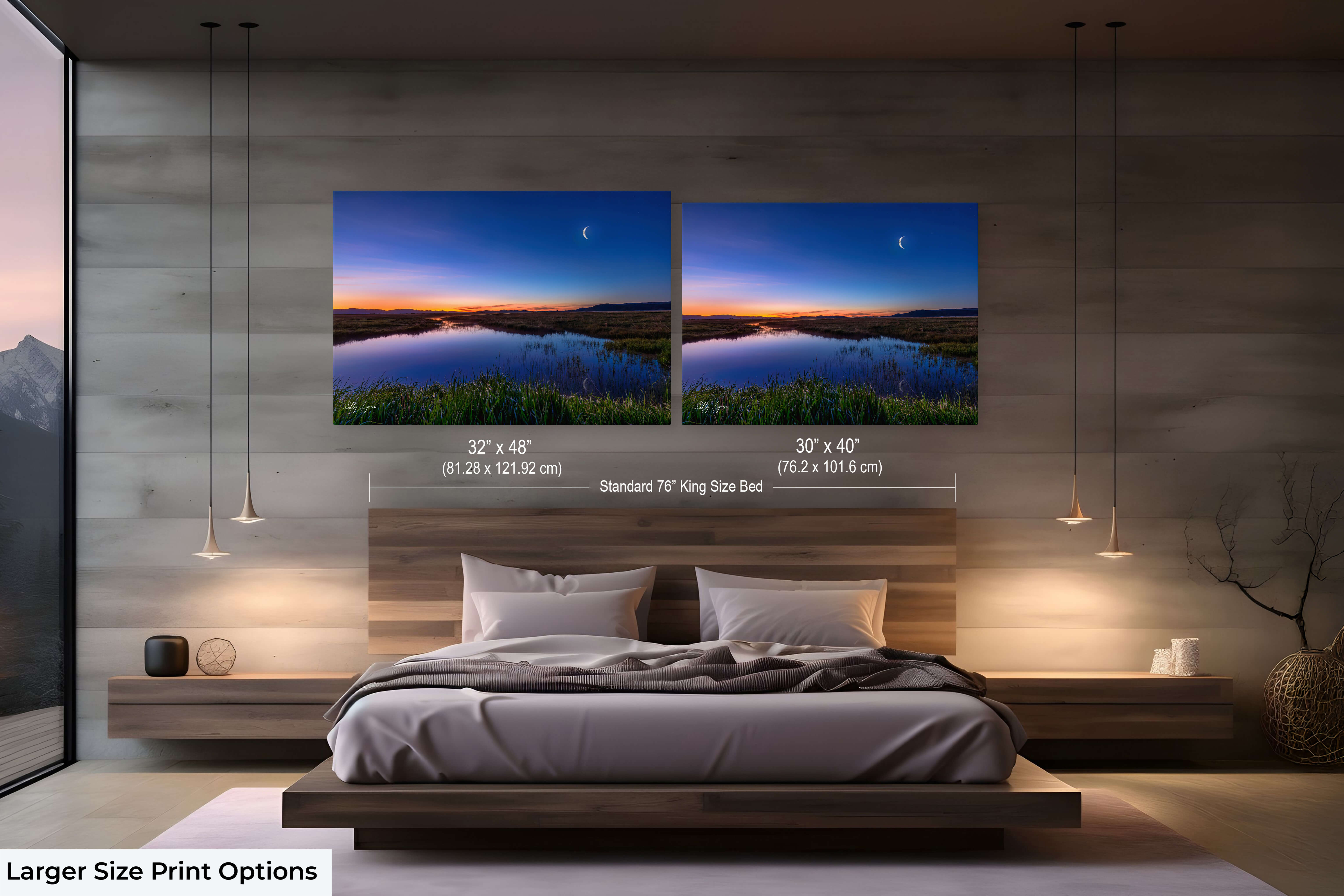 Large-format fine art of peaceful wetlands and moonrise for quiet evening ambiance.