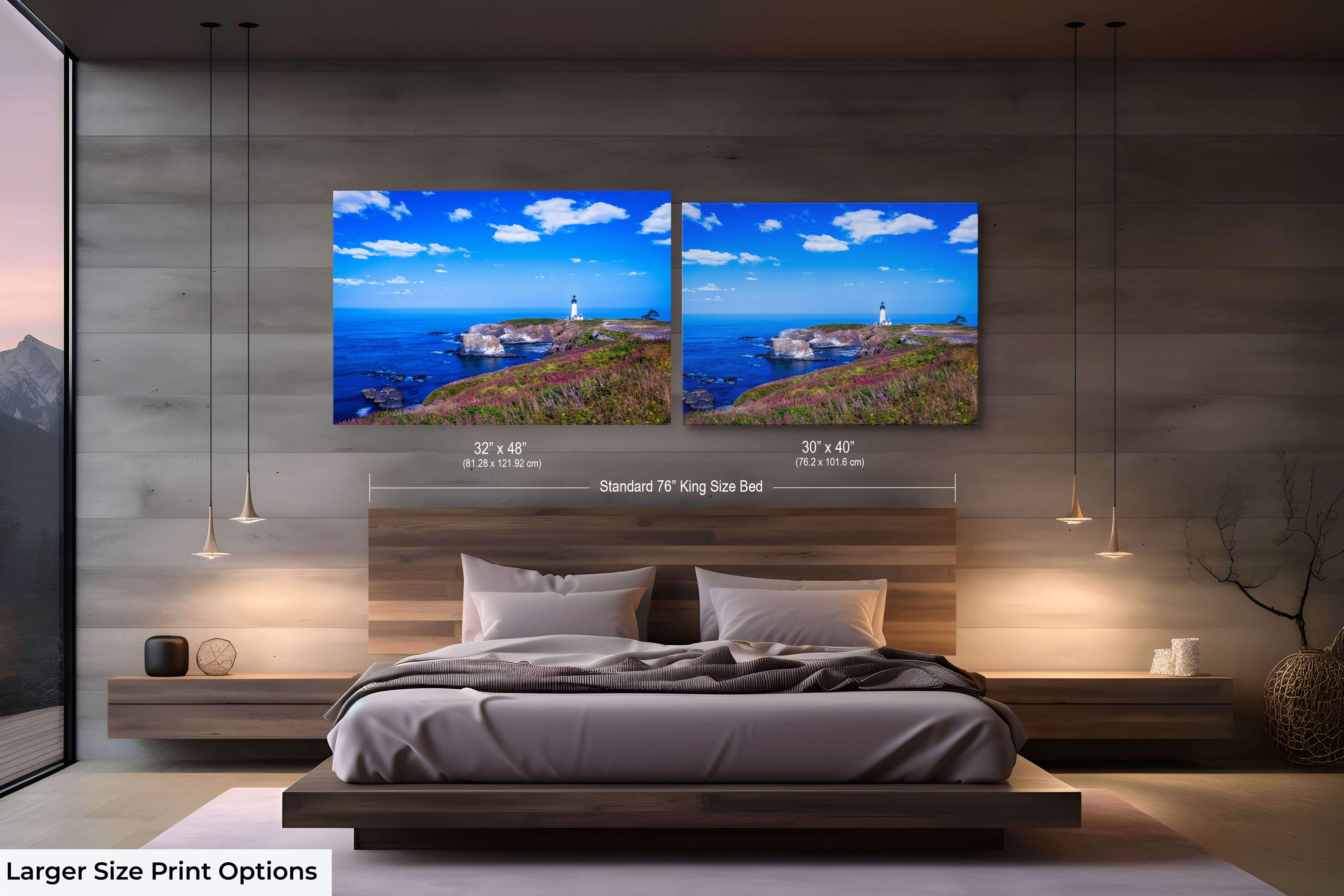 Pair of large lighthouse seascape prints in a spacious master bedroom with ocean-inspired decor.